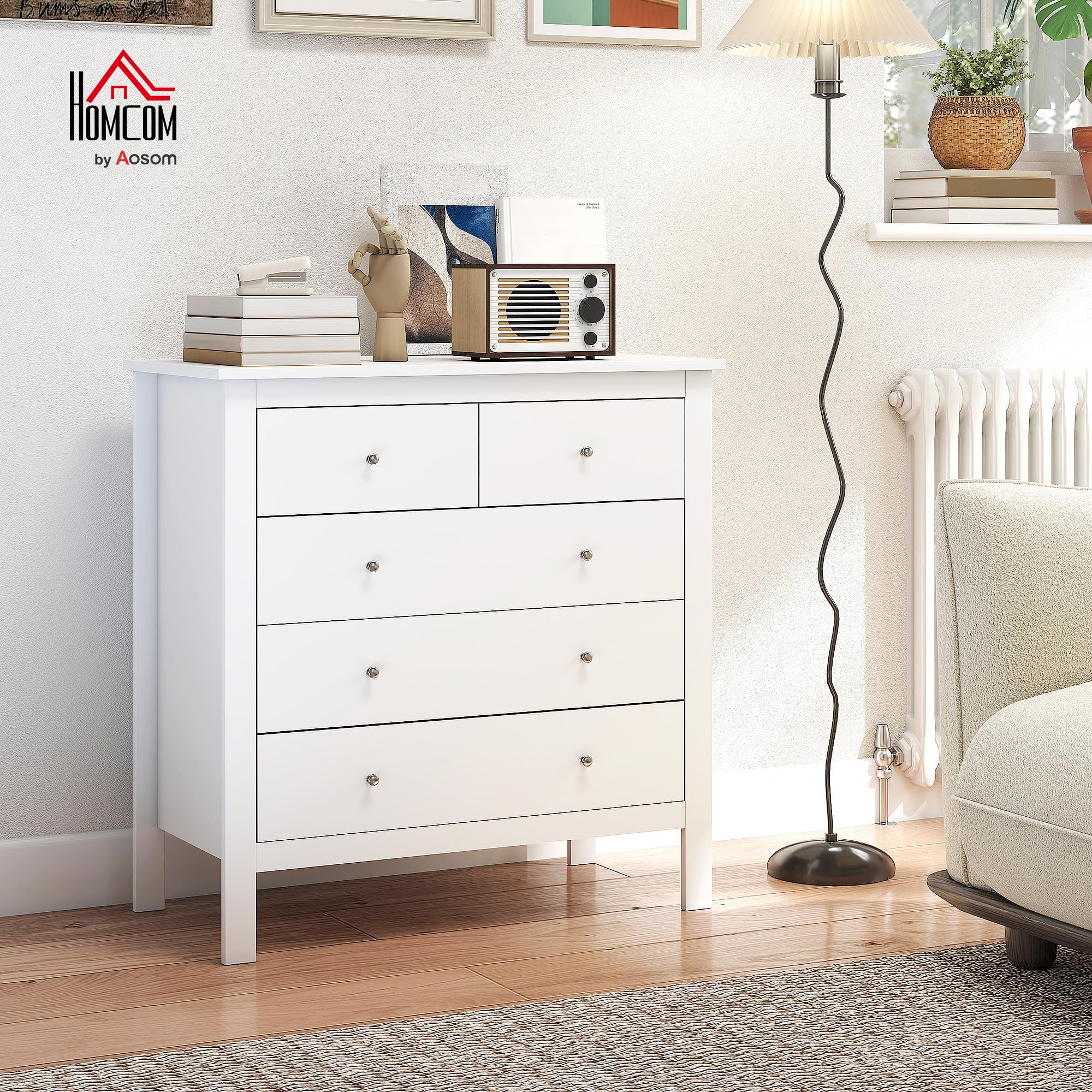 HOMCOM Cassettiera Cassettiera da Camera in Legno 79x39.5x80.5 cm Bianco | Con 2 Cassetti Piccoli e 3 Cassetti Grandi