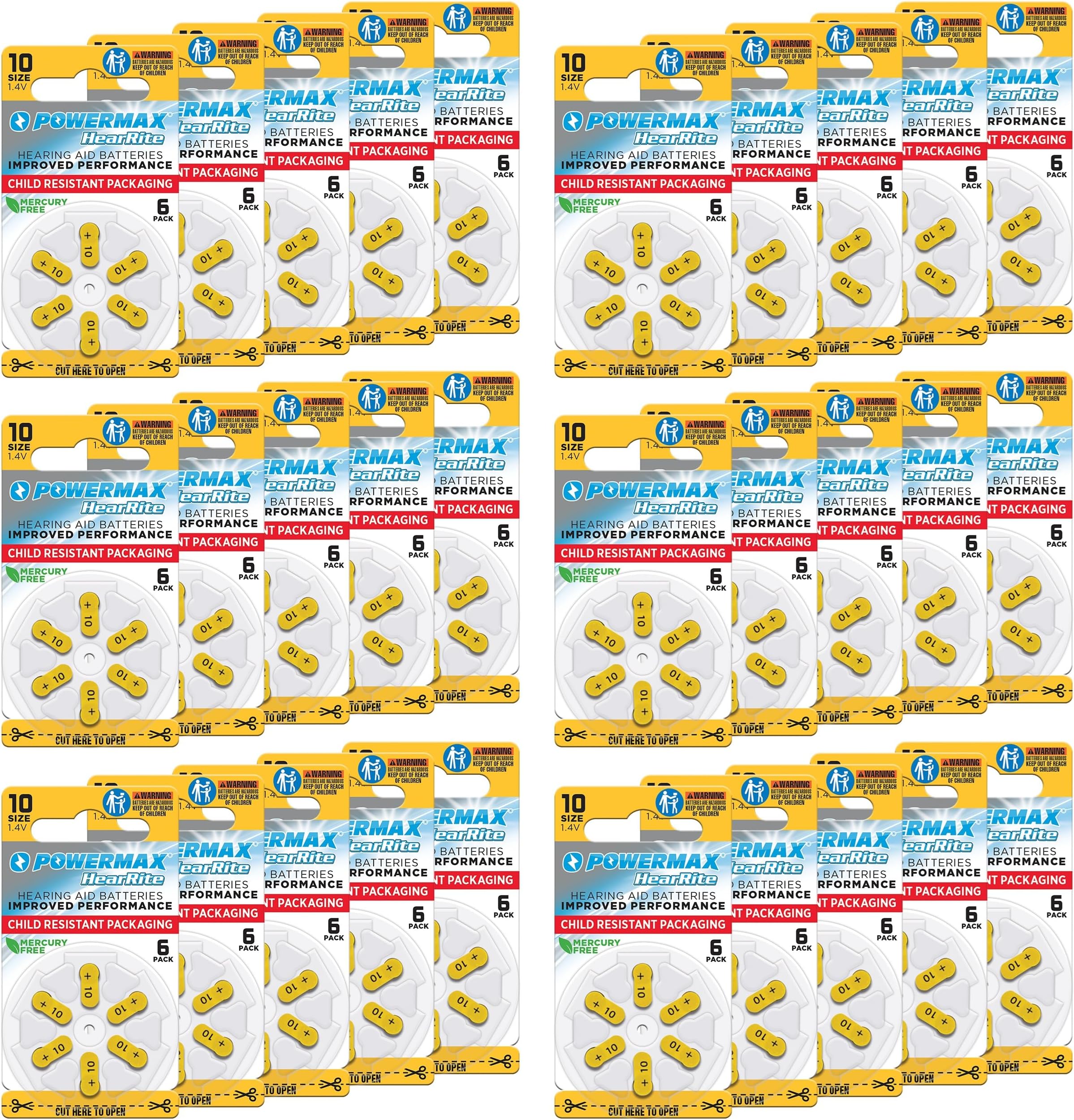 Powermax Size 10 Hearing Aid Batteries, 180 Count Long-Lasting Battery Pack, Yellow Long Tab for Easy Change