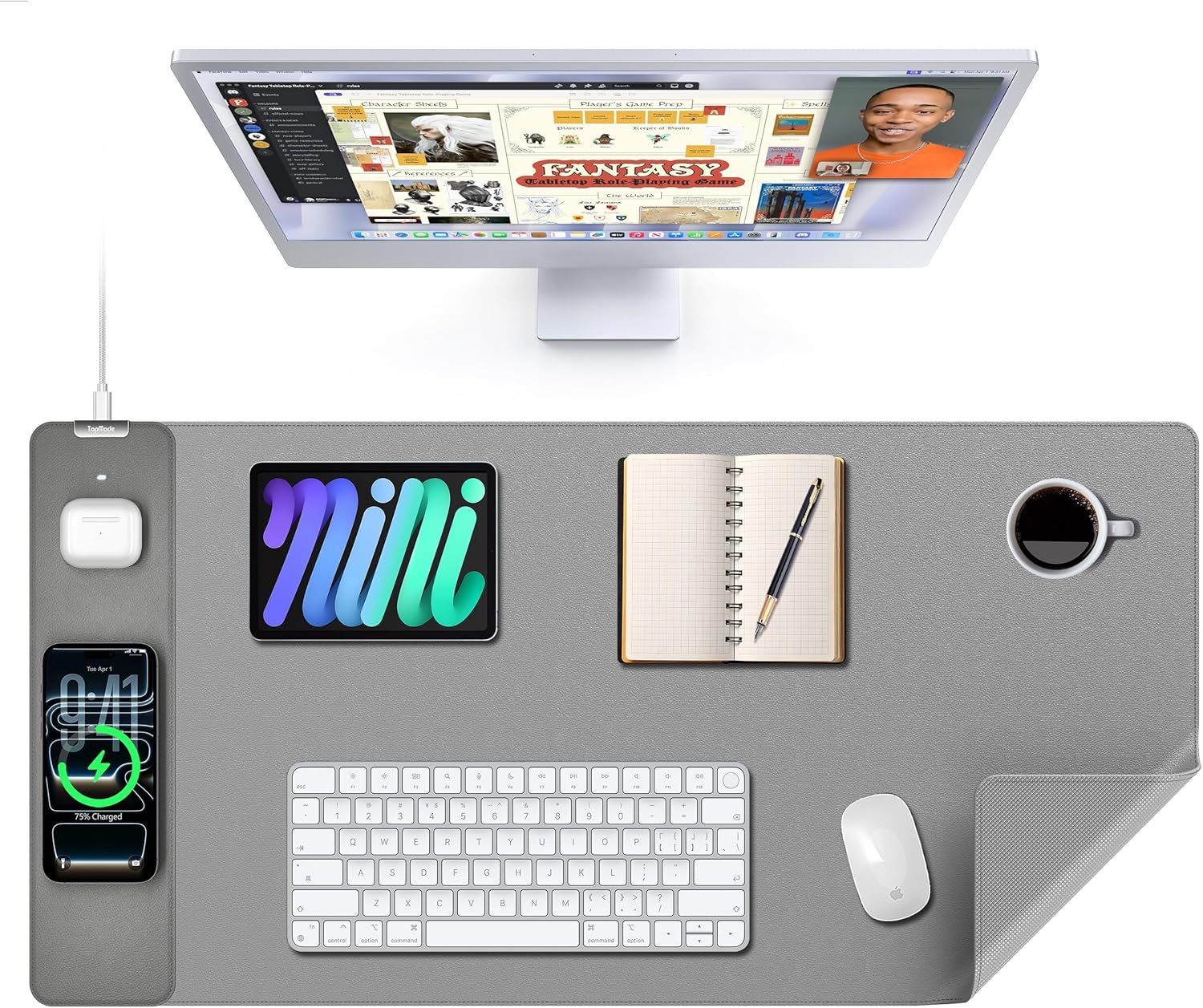 TopMade Mouse Pad with 15W Wireless Charging, XXL Large Leather Desk Mat, Waterproof Gaming Mousepad Home Office Desk Pad Protector, Pink (Includes 20W PD Power Adapter & 6.56ft Woven Cable)