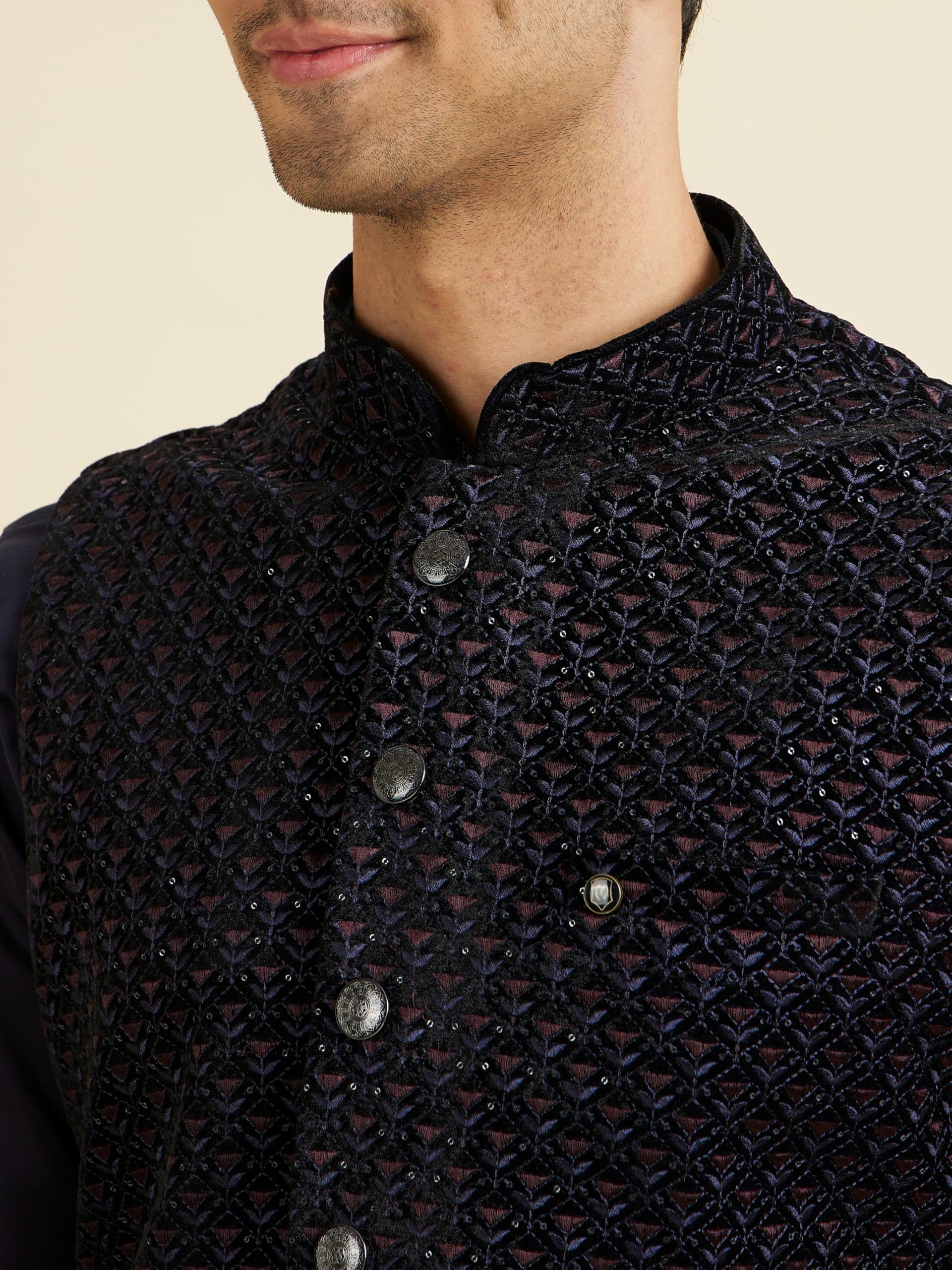 Manyavar Men's Velvet Embroidered Traditional Nehru Jacket(Dark Blue,M) 1
