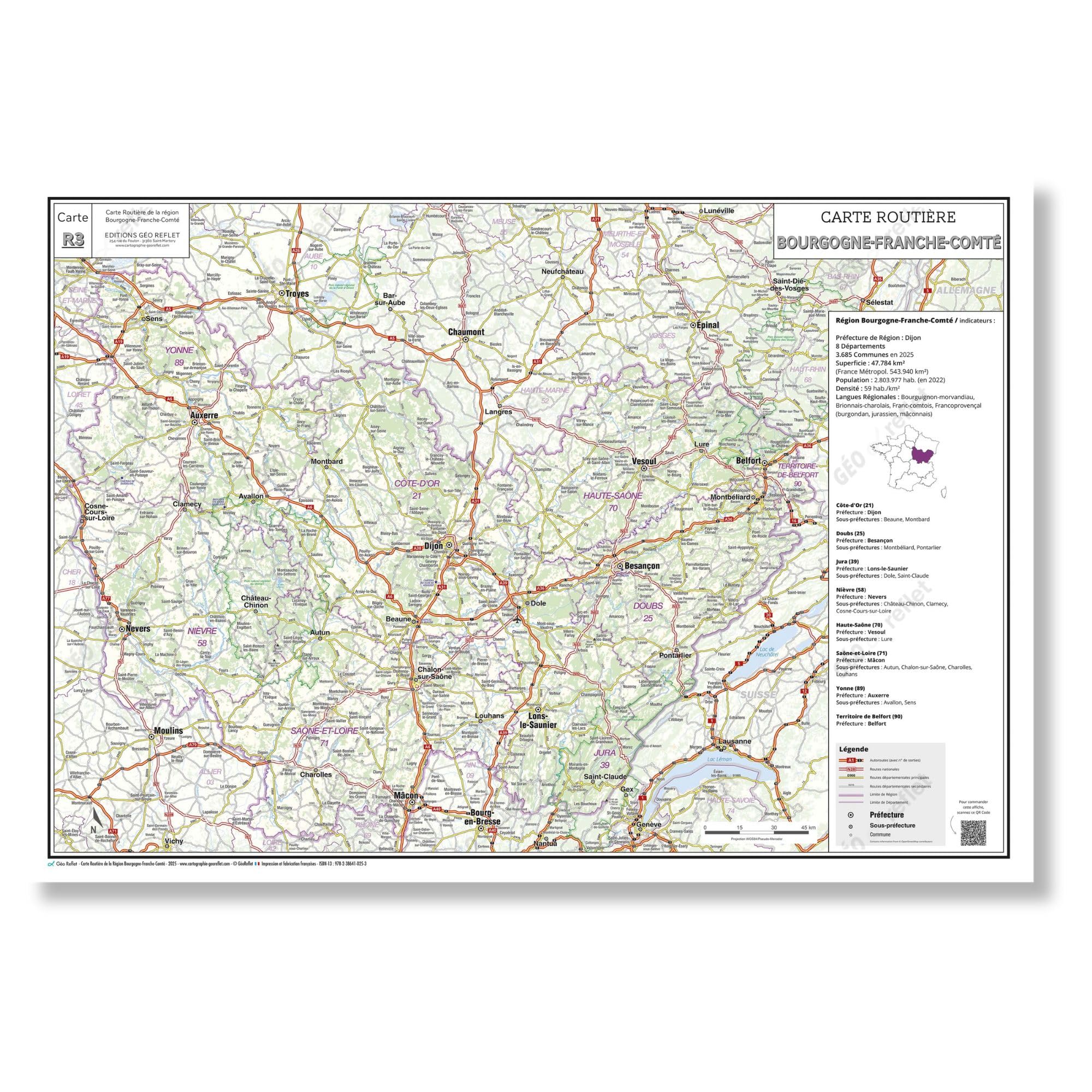 Carte routière de la région Bourgogne-Franche-Comté - Poster plastifié 100x70 cm - Édition 2026