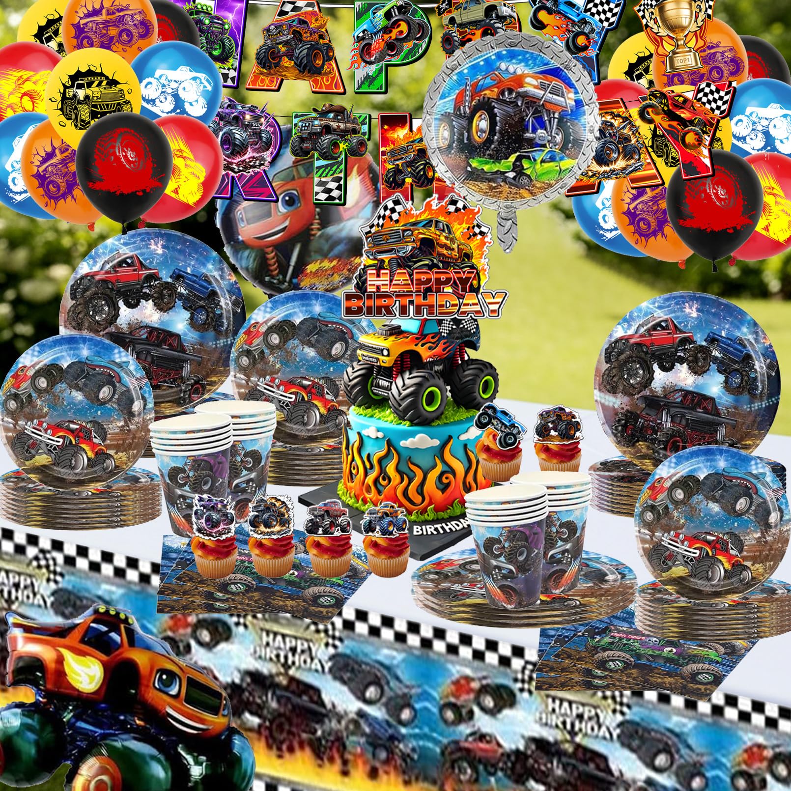 88 Pezzi Monster Truk Stoviglie per Feste di Compleanno，Addobbi Compleanno Cars，Cars Tovaglioli, Monster Truk Tovaglia, Piatti di Carta，Adatto a 10 persone