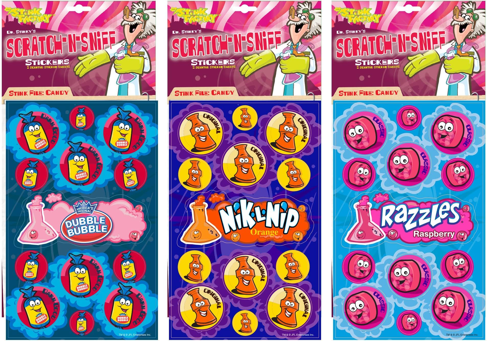 Just For LaughsDr. Stinky's Scratch N Sniff Stickers 3-Pack- Dubble Bubble, Razzles Raspberry, Nik-L-Nip Orange
