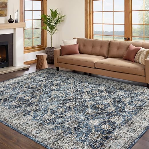 GarveeHome Area Rug 8x10 Washable Living Room Rug Non Slip Distressed Floor Cover Foldable Low Pile Traditional Accent Rug Floral Print Soft Throw Carpet for Bedroom Dining Room Office, Blue