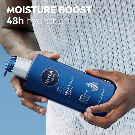 NIVEA MEN Maximum Hydration Body Lotion, Value Pack, 2 x 16.9 FL OZ | 3-in-1 Men's Body, Face and Hand Lotion, 48-Hour Moisture, Enriched with Aloe Vera, for Dry Skin, Dermatologically Tested
