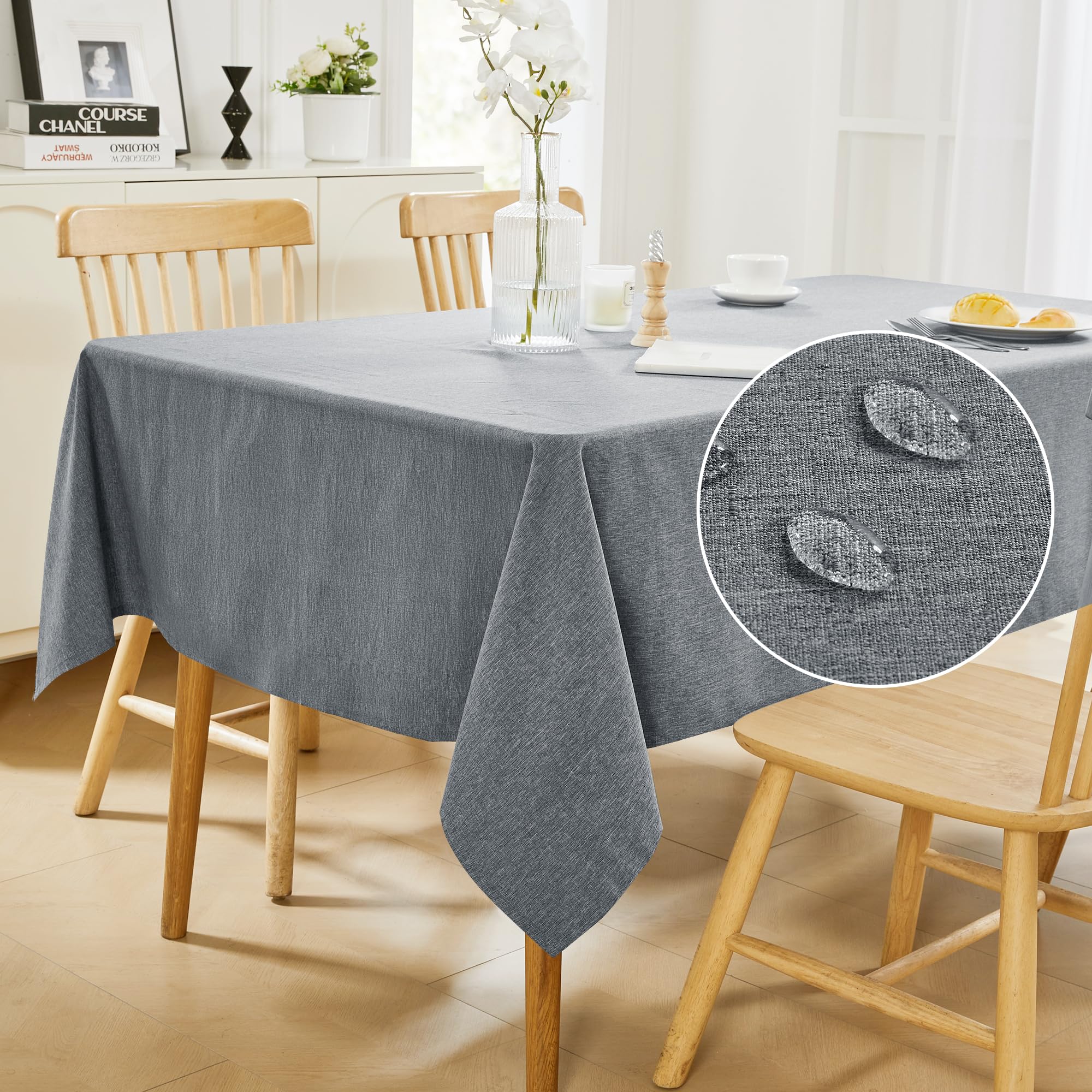 Deconovo Abwaschbare Tischdecke Lotuseffekt Wasserabweisende Tischdecken Leinenoptik Tischwäsche für Esszimmer Küche, 274x132 cm, Dunkelgrau, 1 Stück