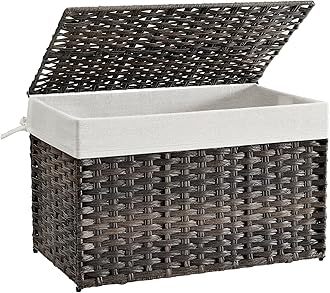 SONGMICS Storage Basket with Lid, Woven Blanket Storage Bin with Handles, Foldable, Removable Liner, Metal Frame, for Bedroom, Laundry Room, 27.7 Gallons (105 L), Brown URST066K01