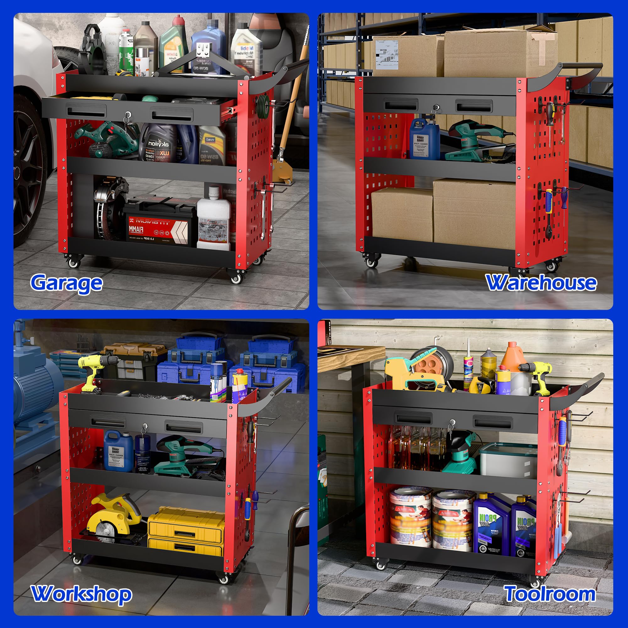SUPEER Carro de taller con ruedas para taller, 78 x 35 x 70 cm, con cajón con cerradura y tabla de pegboard, 4 ganchos, taller, capacidad de carga de 150 kg (rojo)