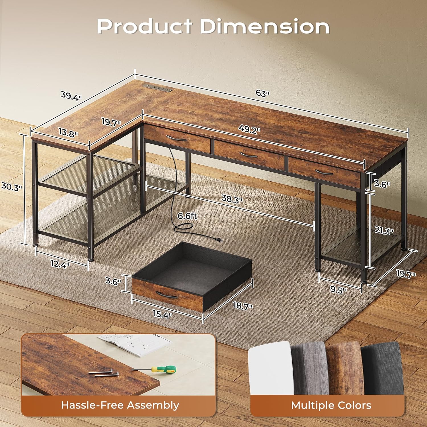 Diagram showing the reversible design of the L-shaped desk, allowing left or right configuration.