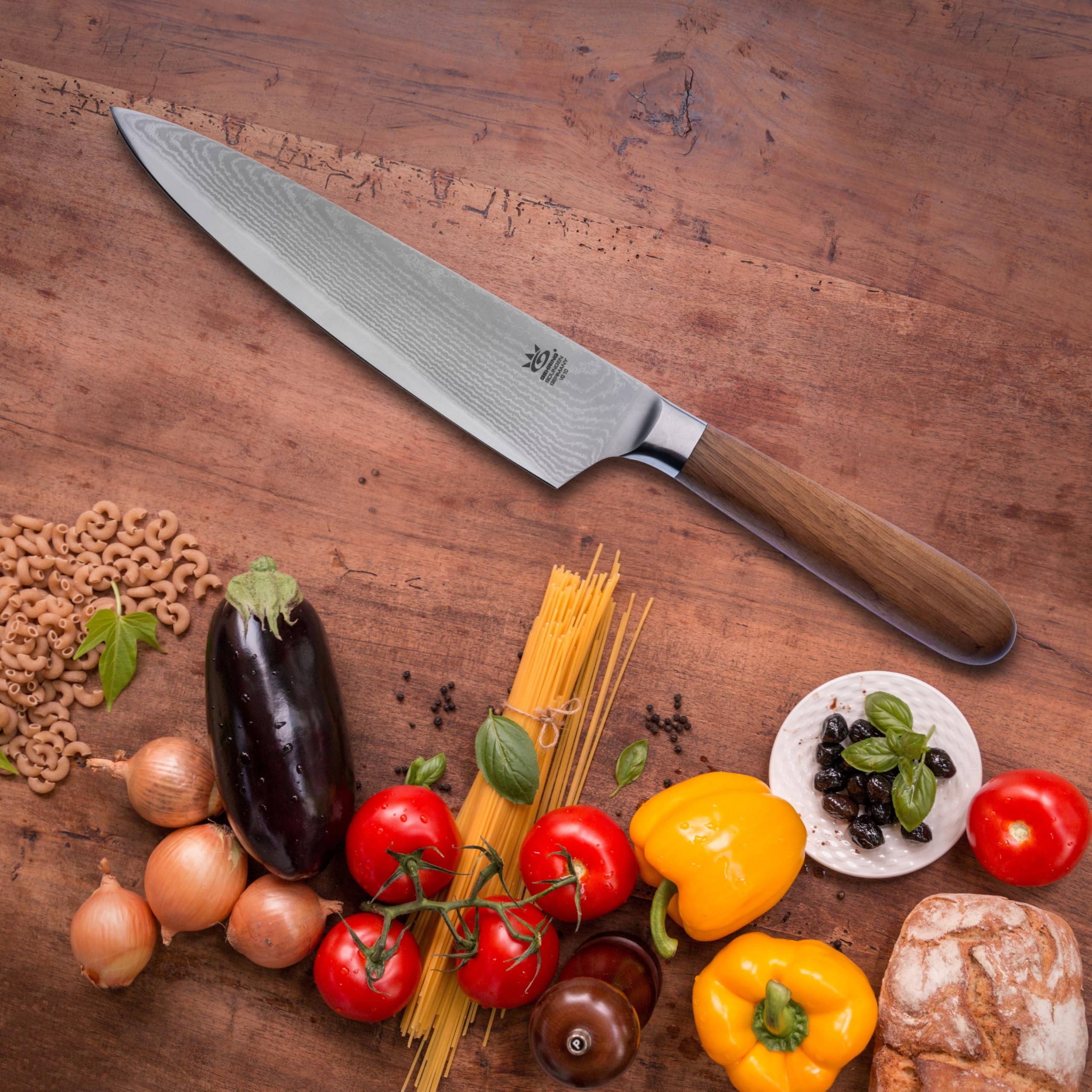 GEHRING SOLINGEN Damast Kochmesser, Scharfes Profi Küchenmesser, Made in Germany, eisgehärteter Damaststahl VG10 + ergonomischer Nussbaum - Holzgriff