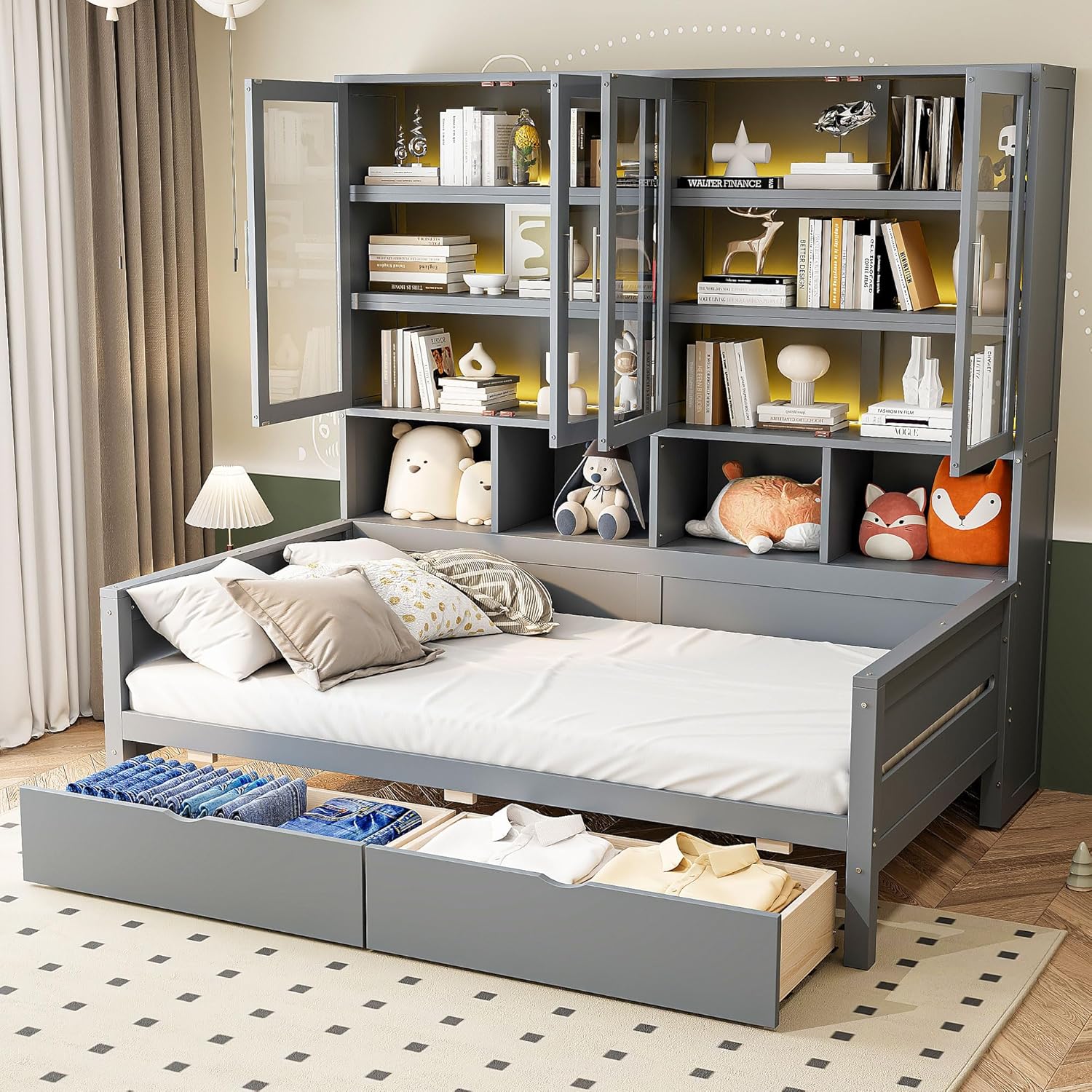 LZ LEISURE ZONE Twin Size Daybed, Wooden Daybed with Glass-Door Storage Cabinets, Built-in LED Lighting and Shelves, Gray