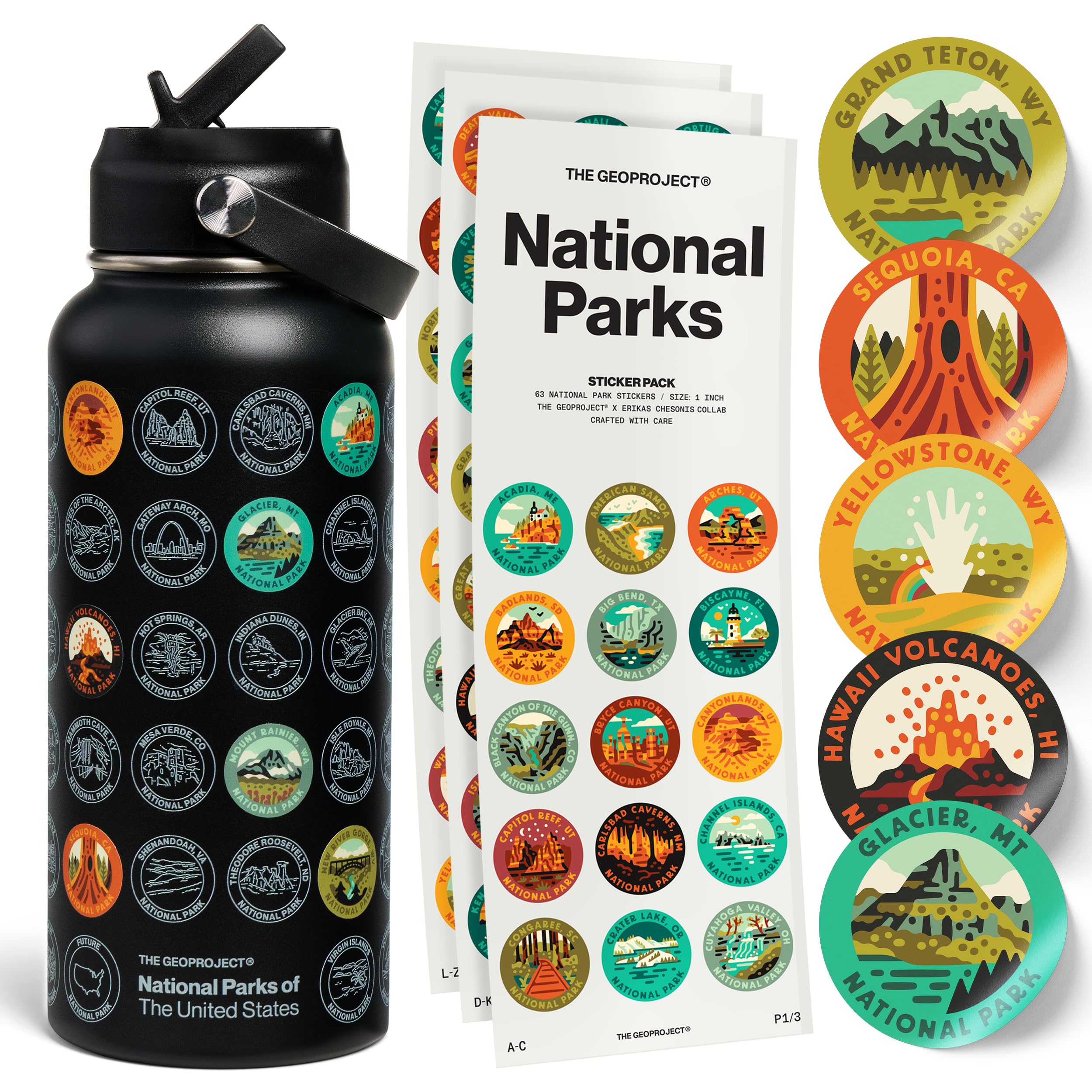 National Parks Wasserflasche mit Aufkleber-Set, Erikas Chesonis Collaboration, Abenteuerflasche mit Strohhalm, wasserdichte Aufkleber für Wasserflasche, isolierter Edelstahl, 907 ml (schwarz)