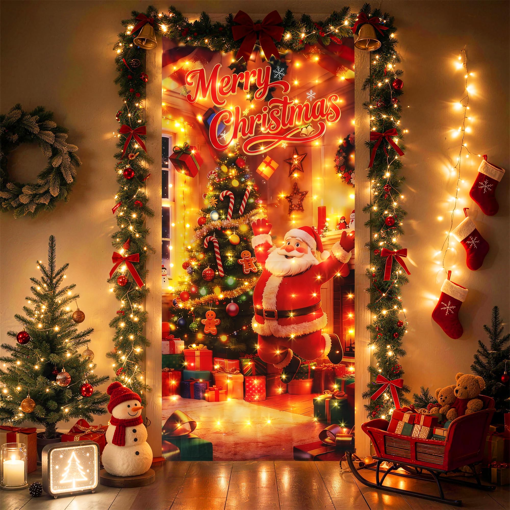 Weihnachtsbeleuchtung Außen Innen mit Weihnachtsmannmuster 208x96cm 140LED | Warmweiß Lichtervorhang Weihnachten, Wasserdicht Lichterkette Außen Strom mit Timer, Memory, 13 Modi für Tür Weihnachtsdeko