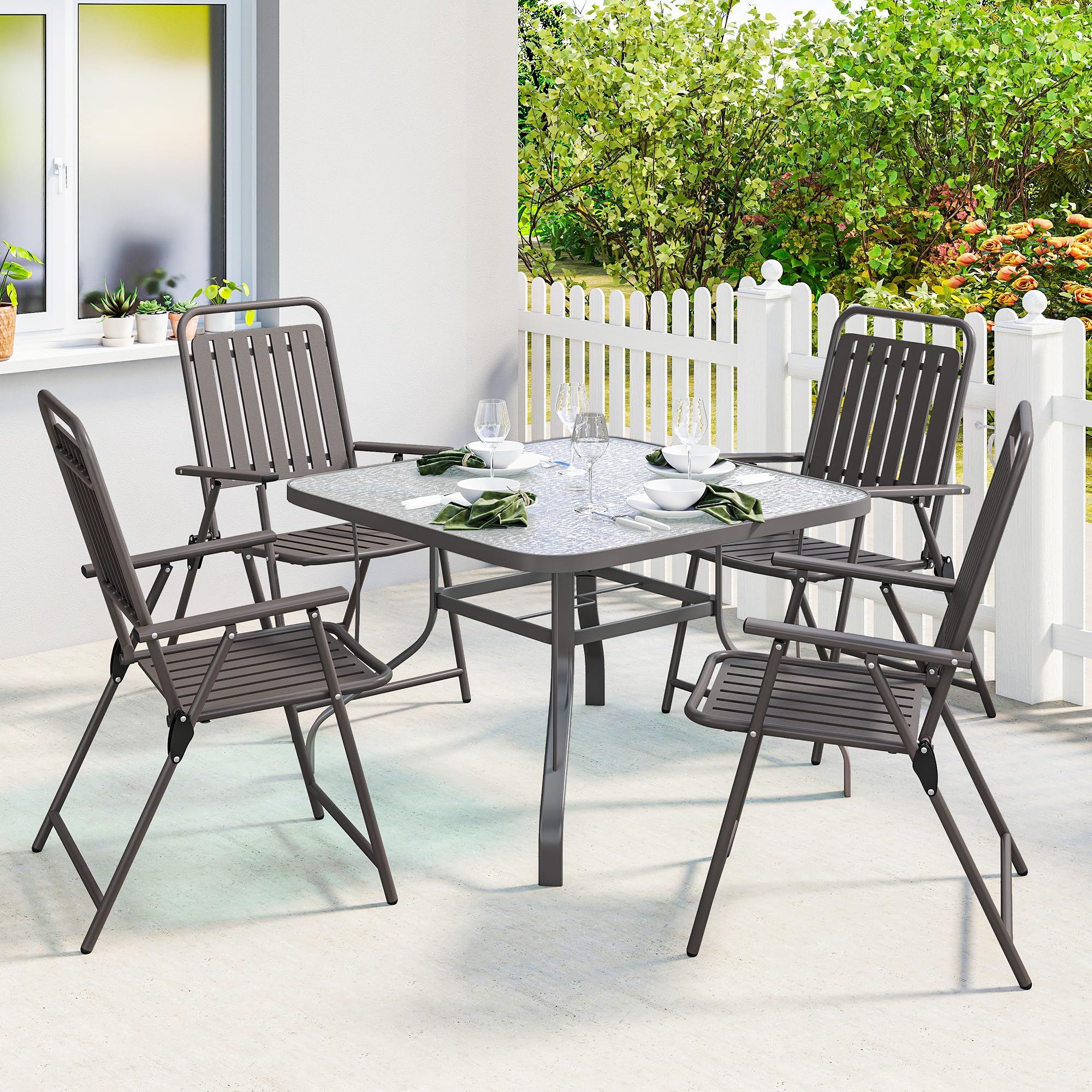 Outsunny Juego de 4 Sillas de Jardín Exterior Plegables, Sillas Terraza Exterior con Reposabrazos, Respaldo y Asiento de PP, Marco Metálico, 55x63x93 cm, Marrón