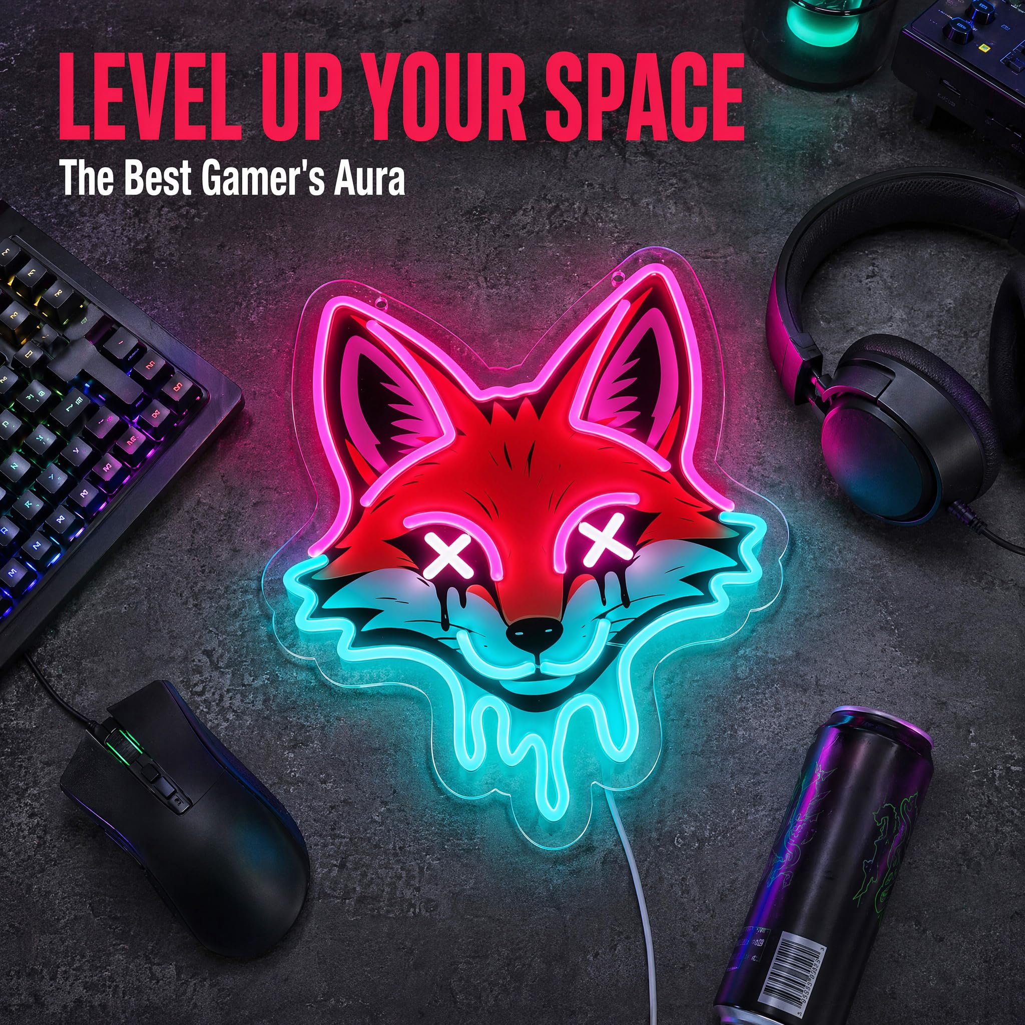 Cyberpunk - Letrero de neón LED rosa y azul hielo para decoración de pared, 14.5 x 12.6 pulgadas, letrero de neón de animales estéticos oscuros con cable USB de 6.5 pies, luces de neón de zorro