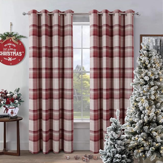 always4u Red Check Curtains Eyelet Red Tartan Highland Wollen Woven Checked Curtains Fully Lined Drapes for Home Decoration Pair of 46 * 54 Inches