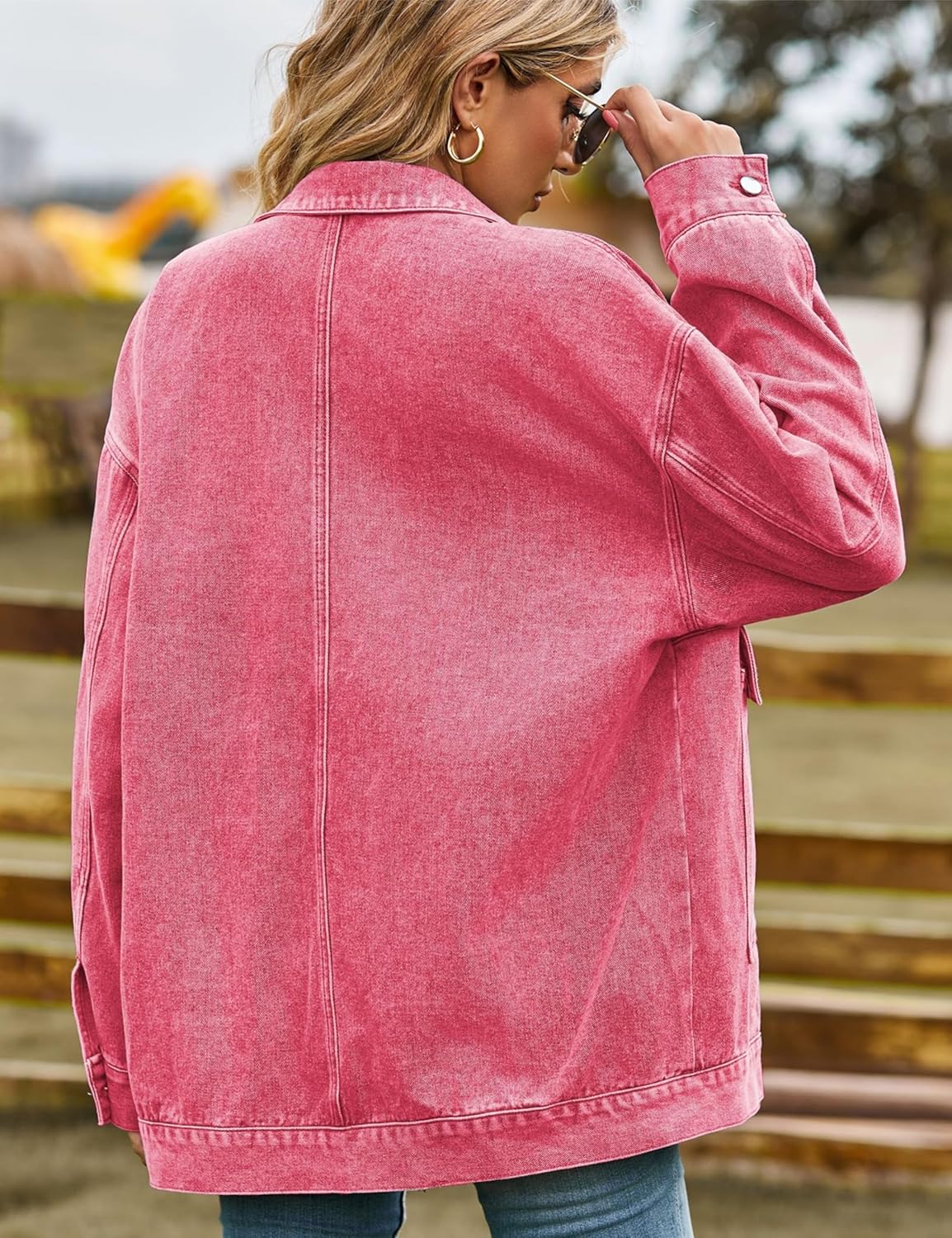 HangNiFang Aztec Denim Jacket Shacket for Women Button Down Vintage Distressed Blue Jean Jacket - Image 6