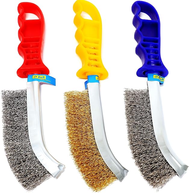 S&R Hand Wire Scratch Steel Brush Set 265mm / 125mm 3-Piece: 1 Steel Brush, 1 Brass Brush, 1 Stainless Steel Brush