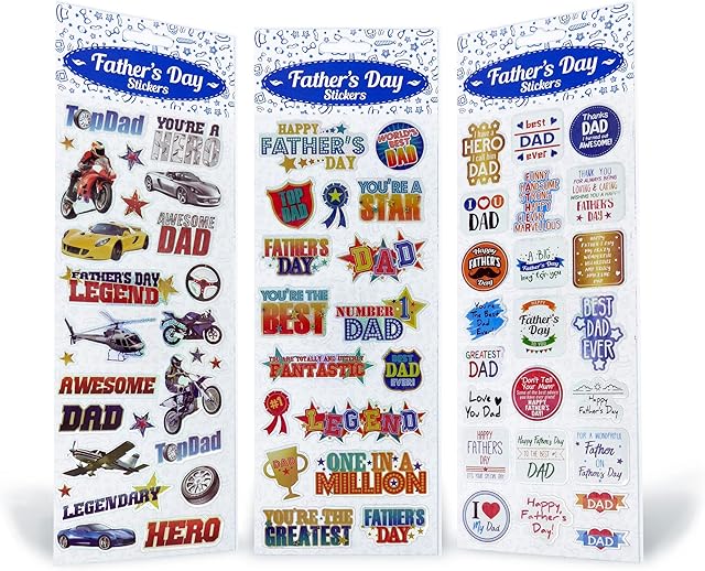 Father's Day Stickers Pack of 3 for Children Kids Adults - OVER 65 Self Adhesive Dad Stickers for Crafting & Decorating Cards Presents Gifts - World's Best Dad, Top Dad, Number 1 Dad, Legend, Awesome