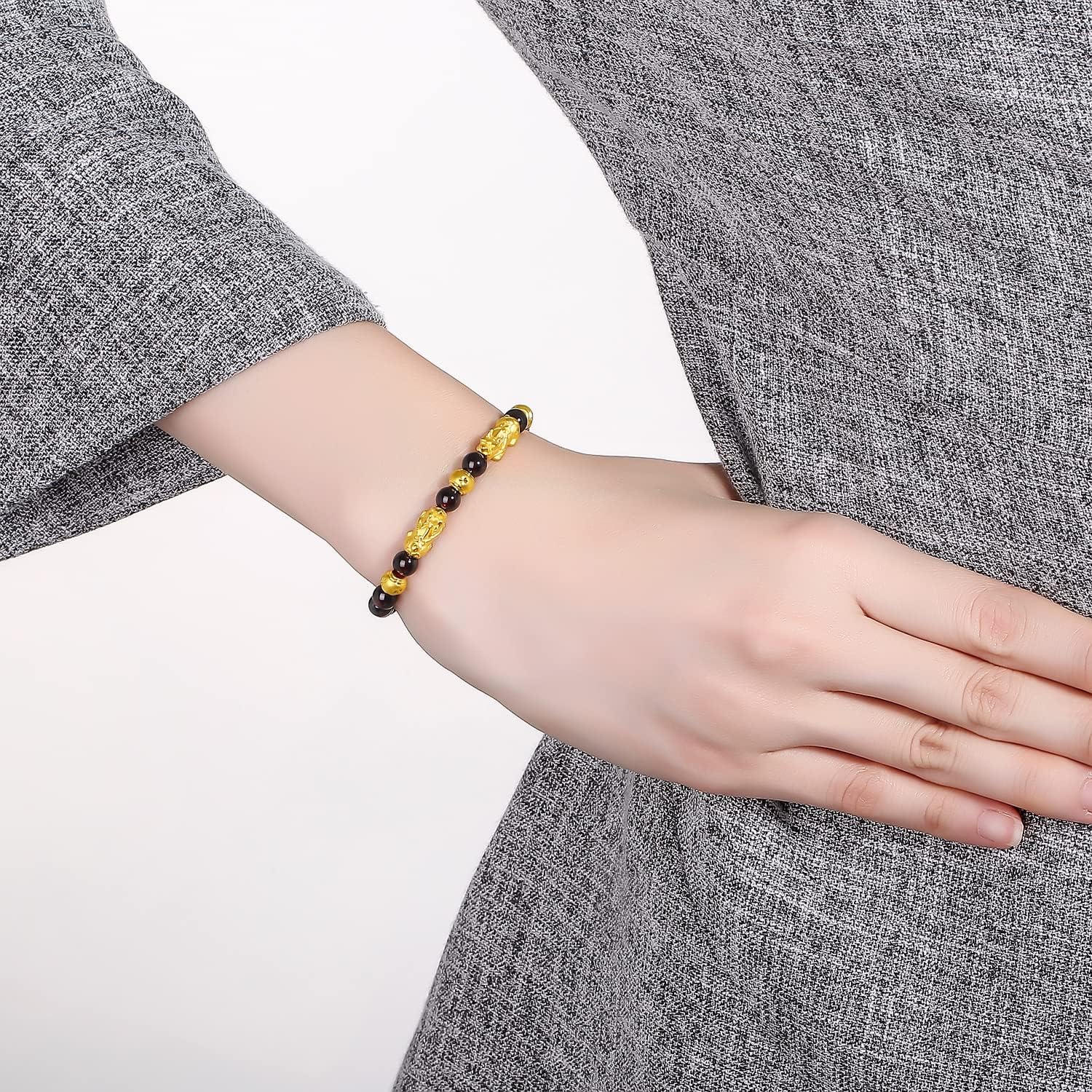 24K Solid Gold Bracelet for Women, Real Pure Gold Jewelry Fortune Pixiu Beads Garnet Beaded Bracelet for Men