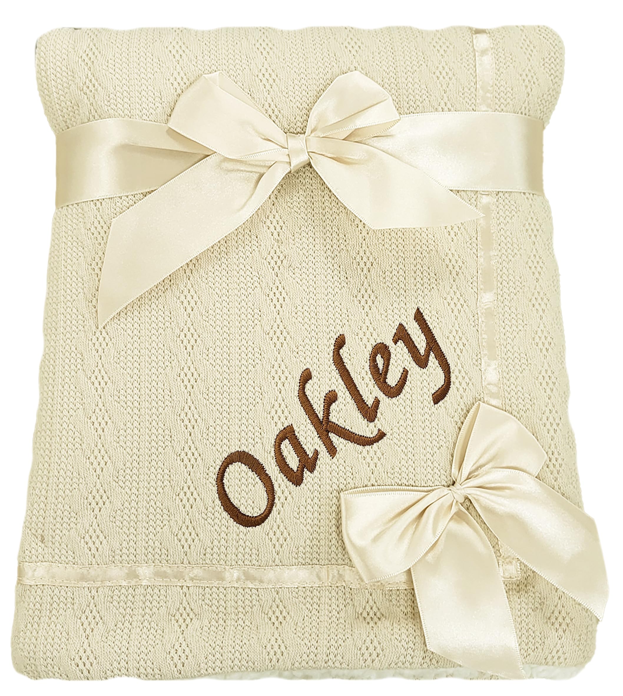 The Baby Box Uk Men's Beige Baby Boy Girl Personalised Knitted Bow Blanket Embroidered Name (Beige)
