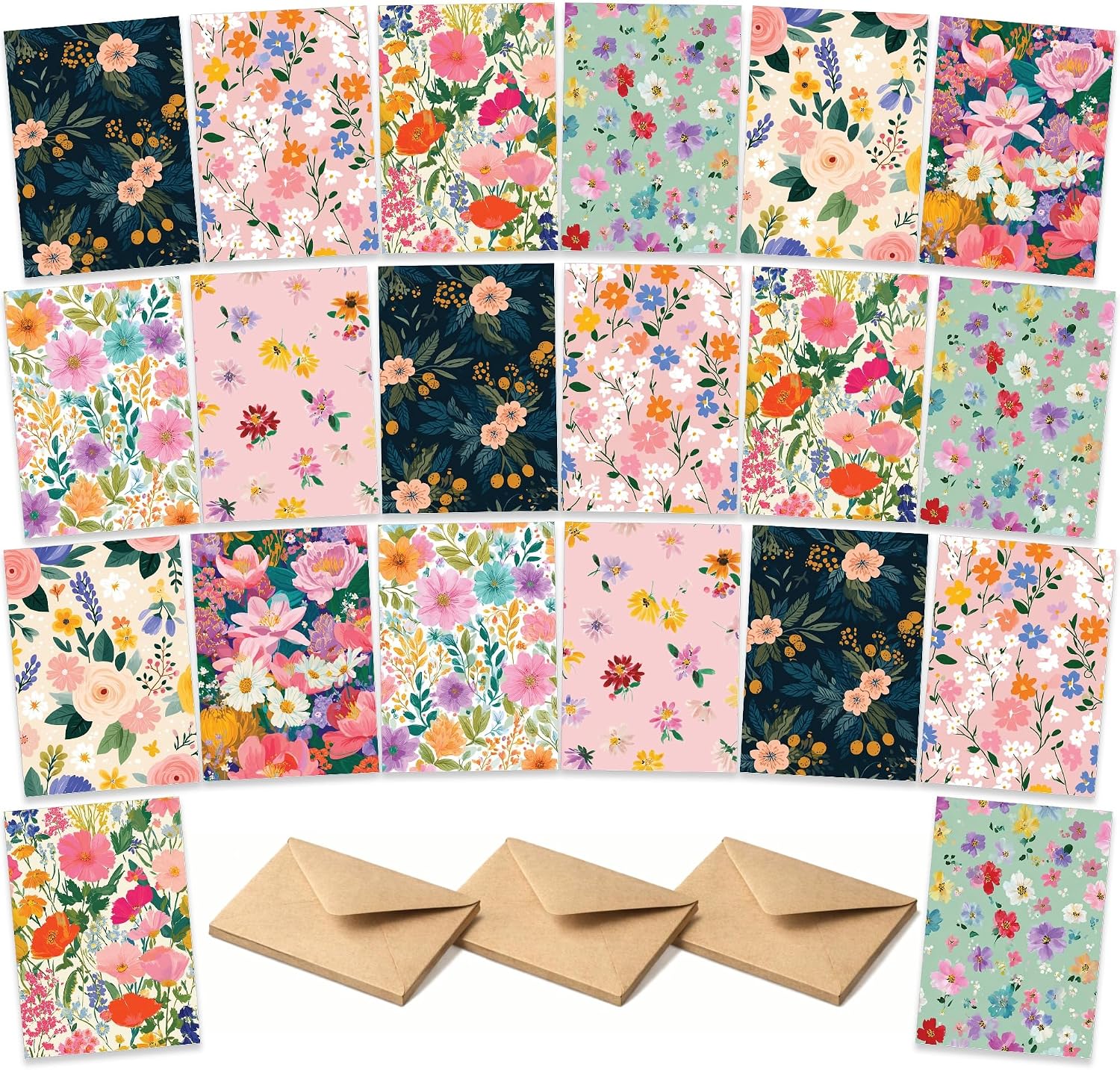 Old English Company Blank Note Cards Packs of 20, Assorted Painted Floral Pattern Designs, Eco-friendly and Made in UK, Blank Inside with Premium Envelopes, Multipack Thankyou Notecard Bulk Set