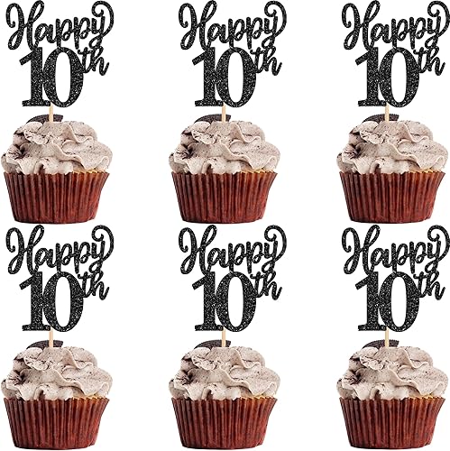 24 piezas de decoración de cupcakes con purpurina de seis saludos a 6 años de edad, número 6, cumpleaños, cumpleaños, aniversario, fiesta,