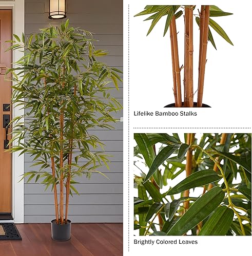 Miniatura 4 de Pure Garden Juego de 2 plantas artificiales de bambú para interiores, plantas de piso de imitación de 6 pies de alto con tronco de madera natural