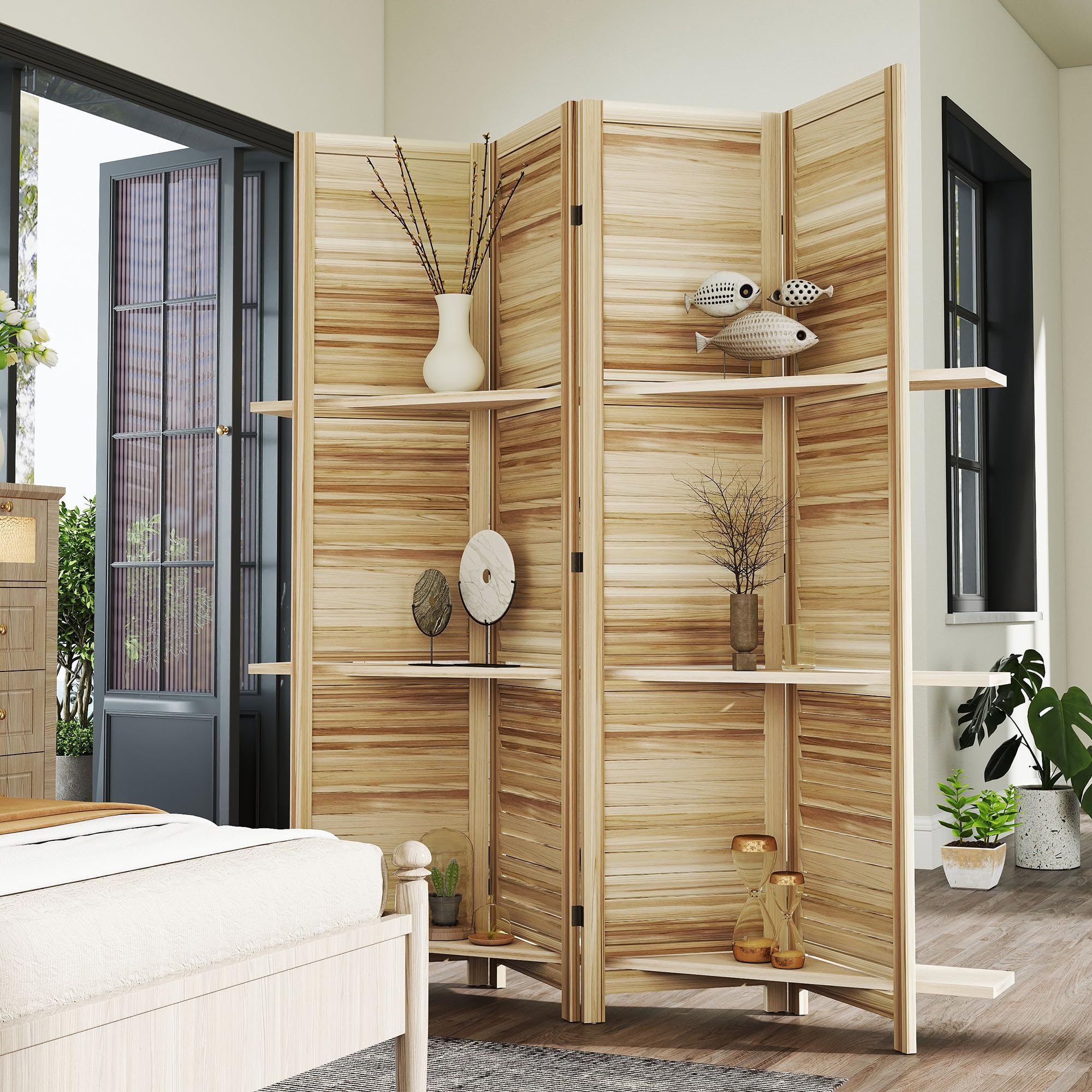 HOMCOM Paravent Intérieur en Bois 4 Panneaux 160 x 170 cm Bois Naturel | Séparateur de Pièce Pliable avec 3 Étagères, Cloison de Séparation, Salon, Chambre à Coucher, Maison