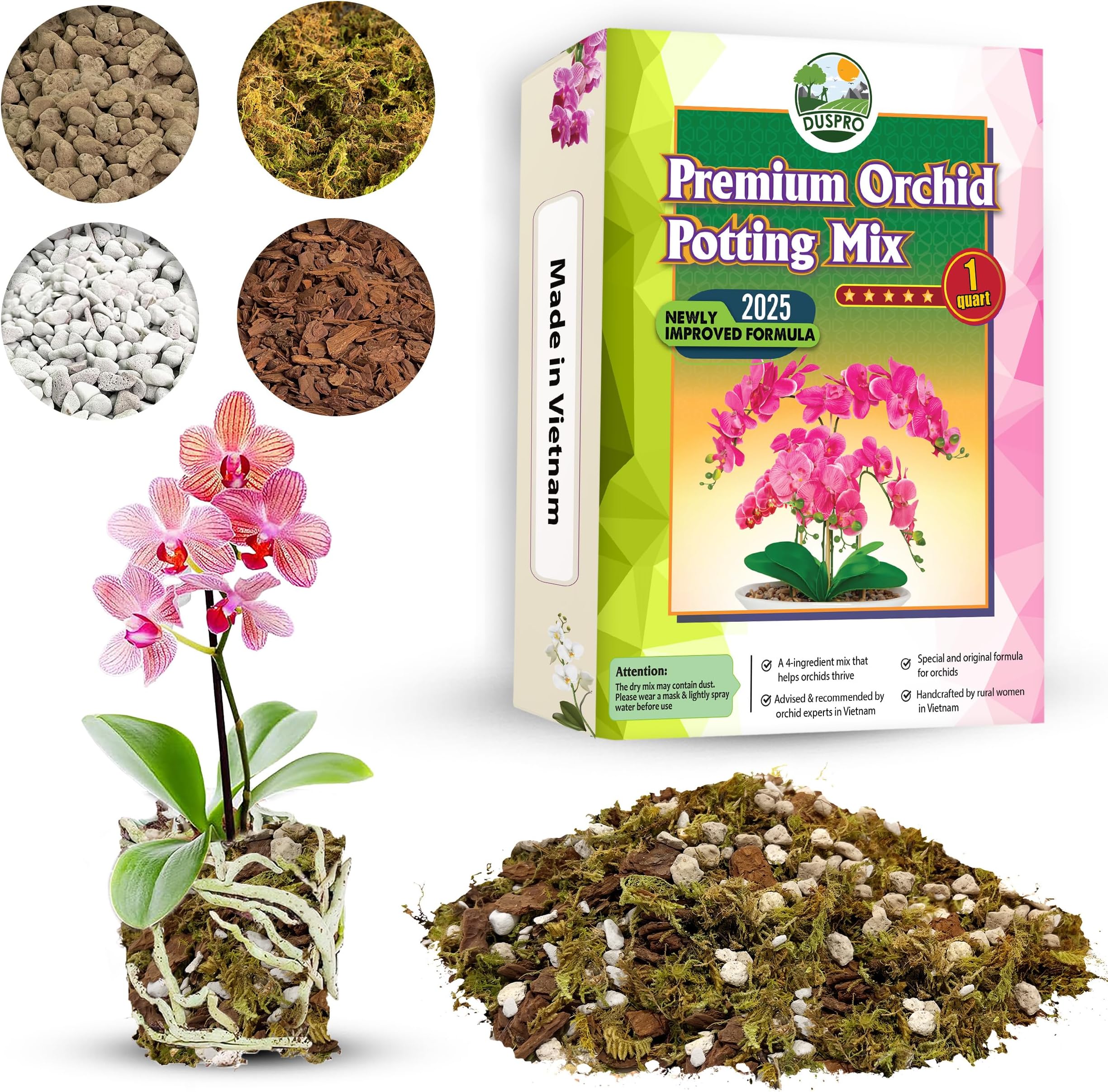[Upgraded] Duspro Orchid Potting Mix For Repotting With Forest Moss, Pine Bark, Perlite & Pumice, Bark Mix, Soil, Drainage Indoor Potting, Pot Not Included,1 Qrt