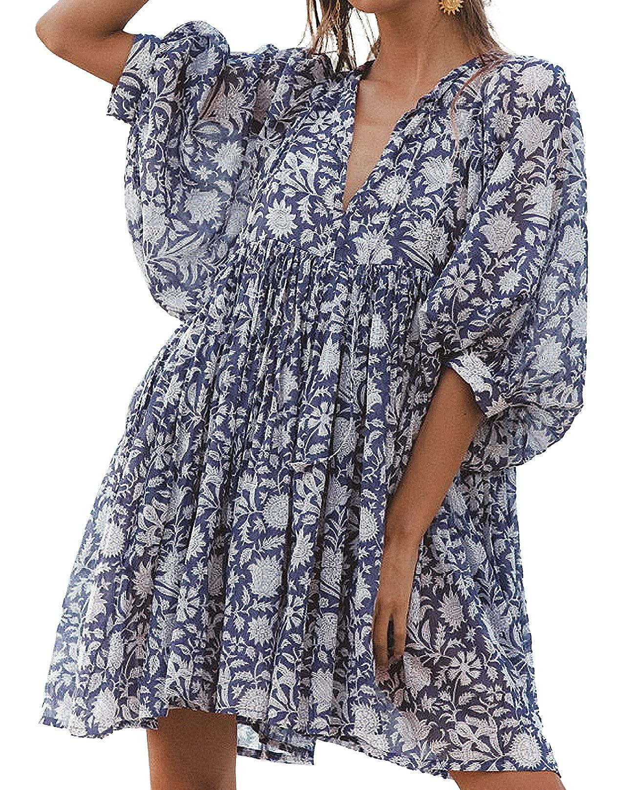 Womens Summer Boho Floral V‑Neck 3/4 Sleeve Babydoll Swing Mini Beach Dress