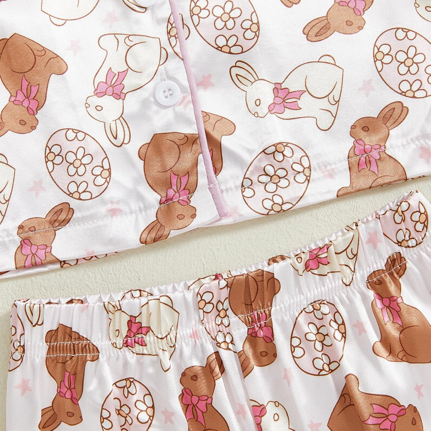 Kids Toddler Girl Easter Pajamas Bunny&Floral Button Up Ruffle Shirts Pants Little Girls Easter Satin Silk Pajama Set - Image 5