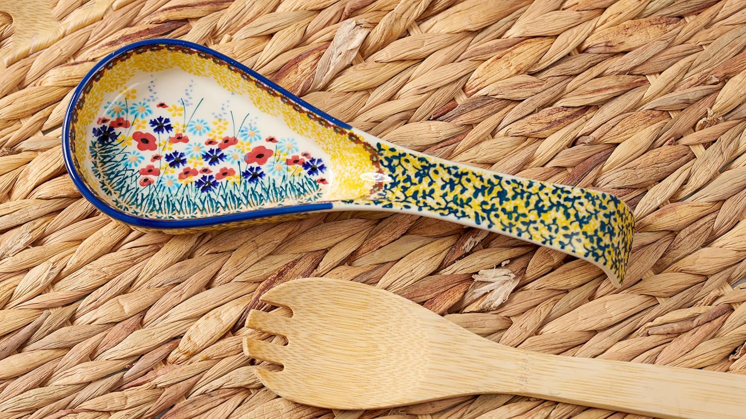 Blue Rose Polish Pottery - Yellow Prairie Garden Large Spoon Rest - 10.5" x 3.5" - Heat-Resistant Decorative Spoon Holder for Cooking