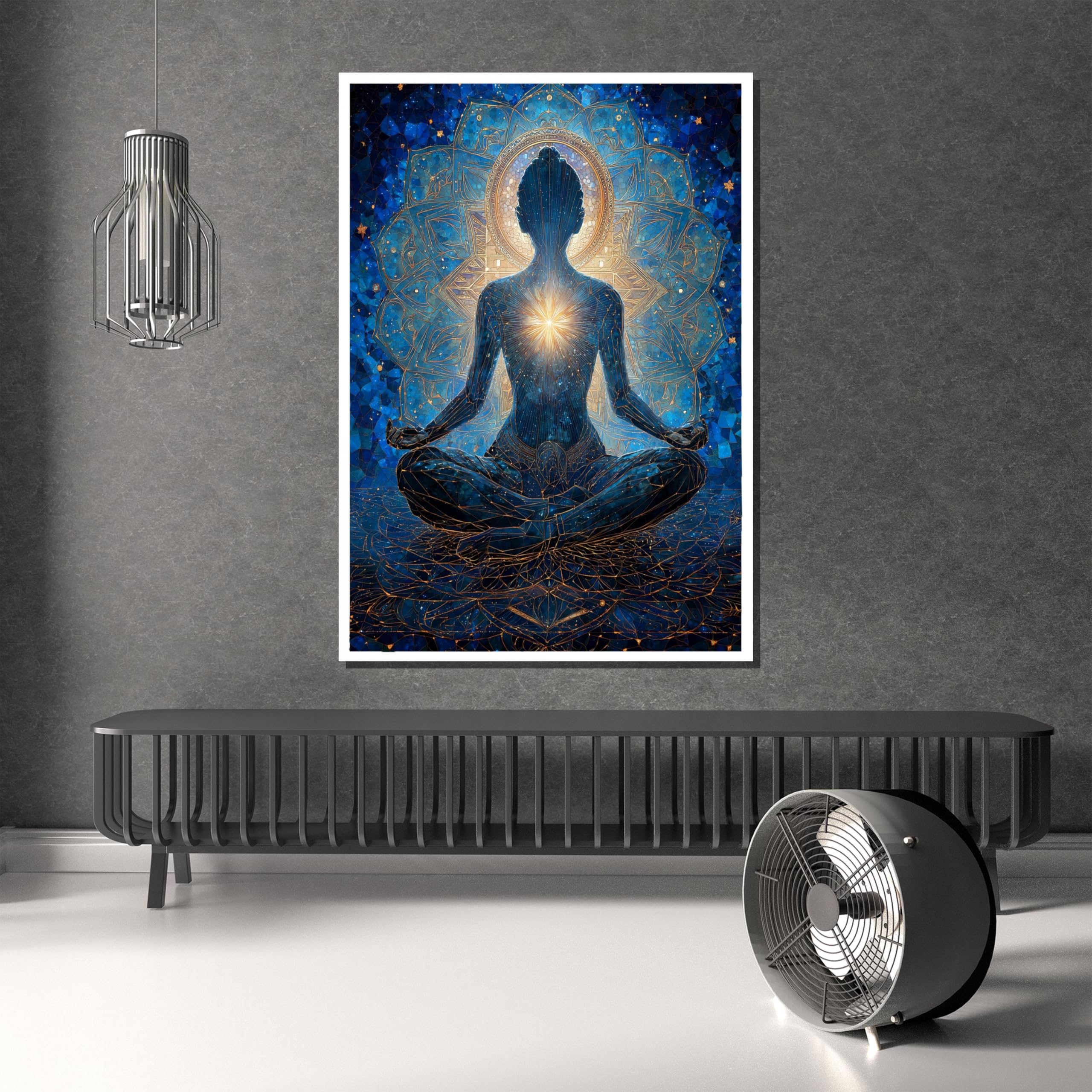 YUSUZHU Quadro su tela Meditazione Cosmica - Figura dell'Energia dei Chakra, pronto da appendere per interni spirituali, boho o yoga (40x60 cm/cornice interna)