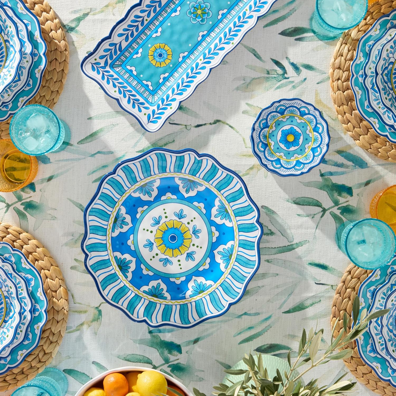 Porto 2 Pc. MELAMINE PLATTER SET – 14" Round & 18x13.5" Oval, artistically designed Talavera Tile Mandalas, Turquoise Yellow Art