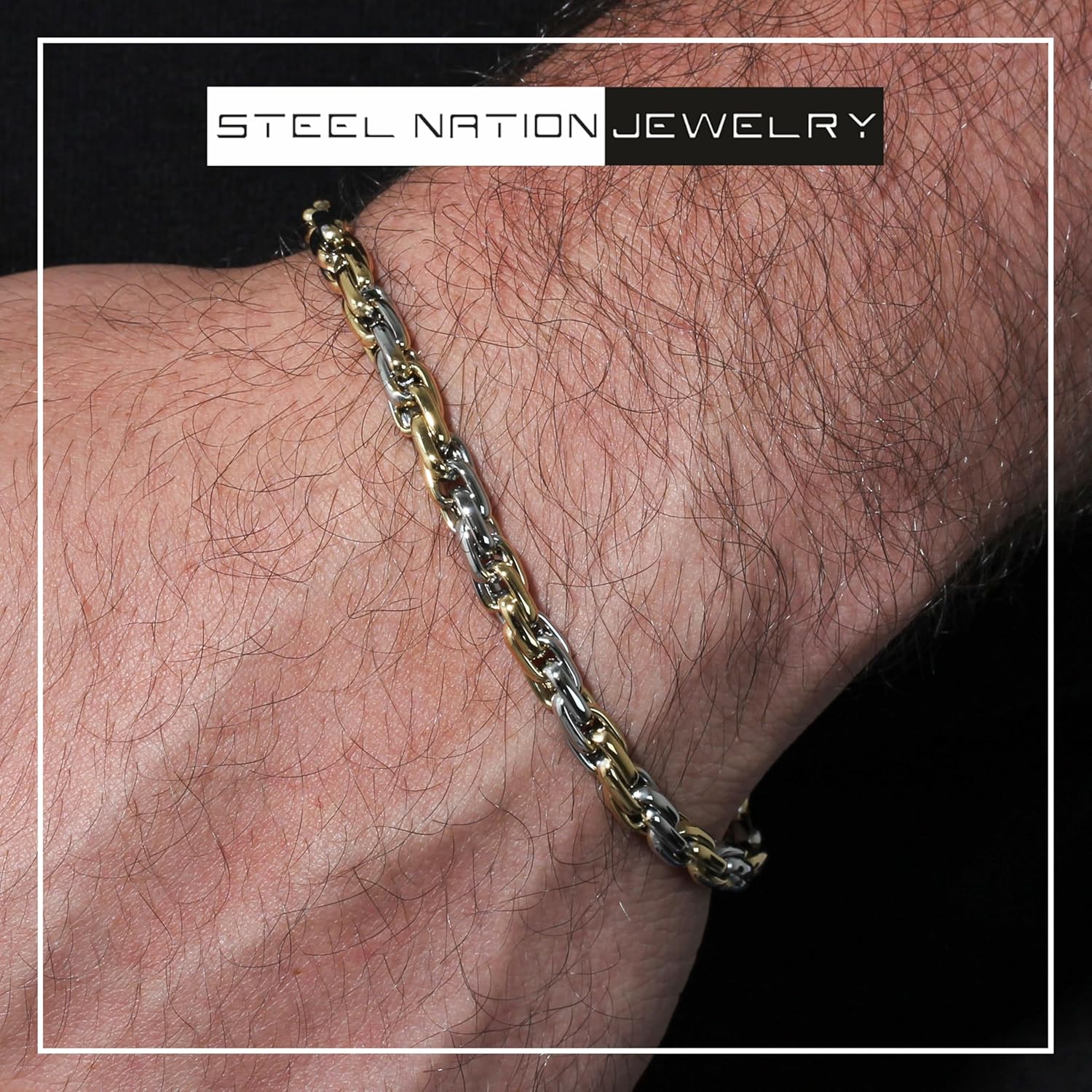 Men’s Two-Tone Gold-Plated Stainless Steel 5mm Rope Chain Bracelet, 8.5 Inch with Lobster Claw Clasp