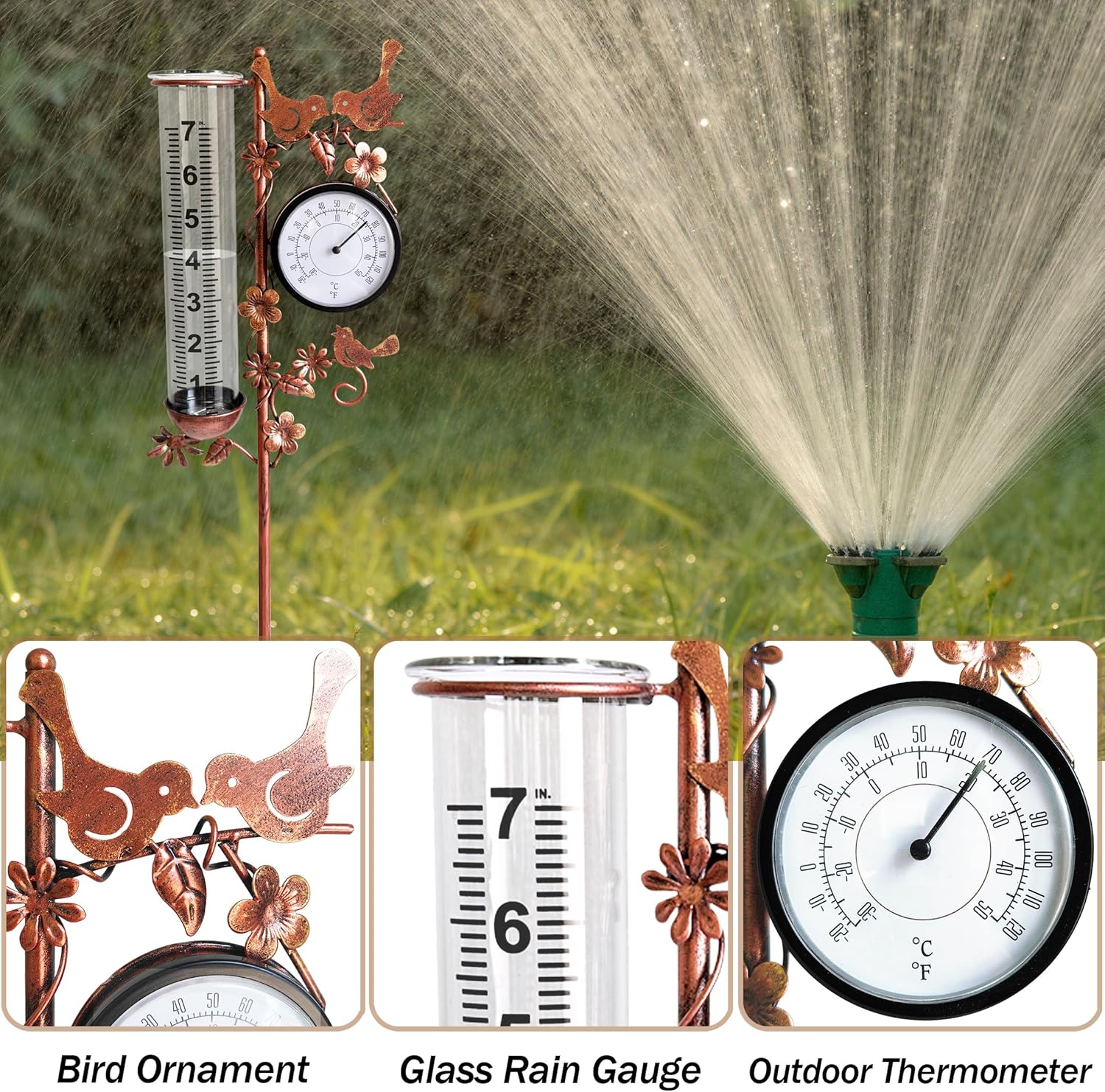 Accurate Rain Gauge with Thermometer, 7" Rain Gauges Outdoors Best Rated, Freeze Proof & Weatherproof, Large Rain Gauge Outdoor Decorative for Yard Lawn Garden(Hummingbird & Flower)