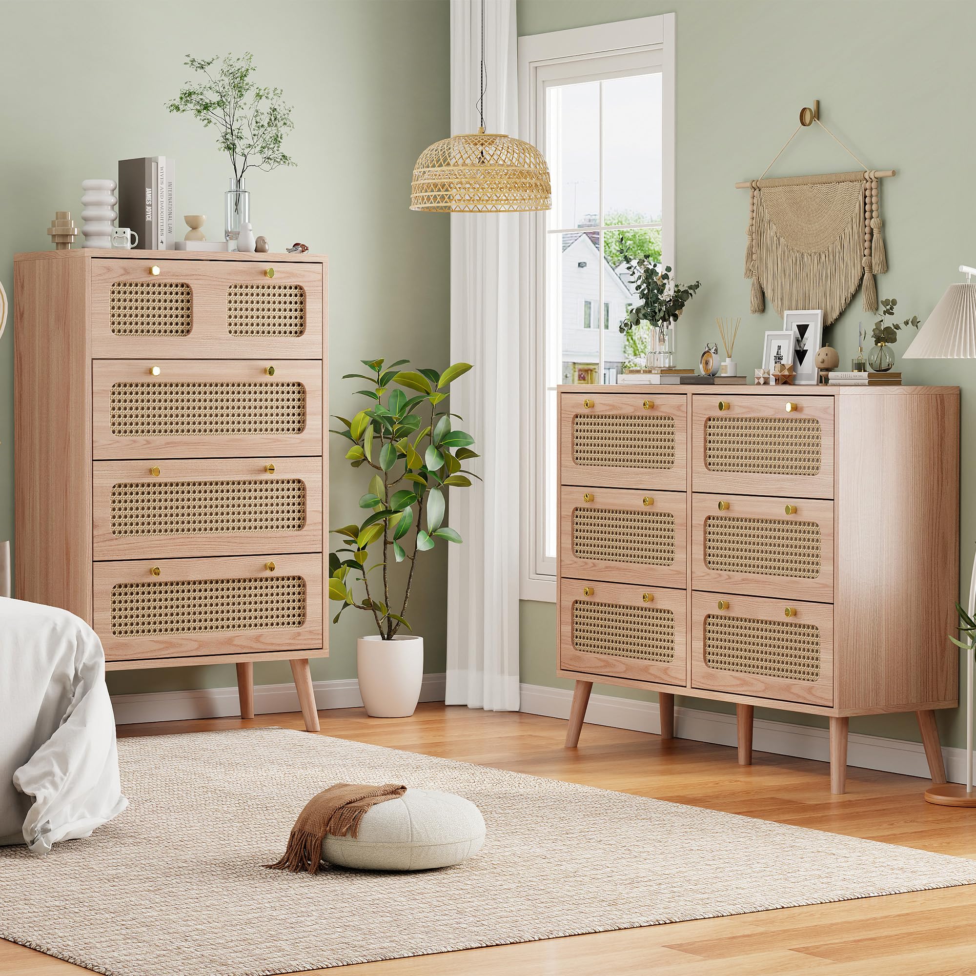 FOERPL Cómoda con 6 Cajones, 100 x 34 x 73 cm, Cómoda de Madera y Ratán, Mueble de Almacenamiento de Madera para Oficina, Salón o Dormitorio, Ratán PE