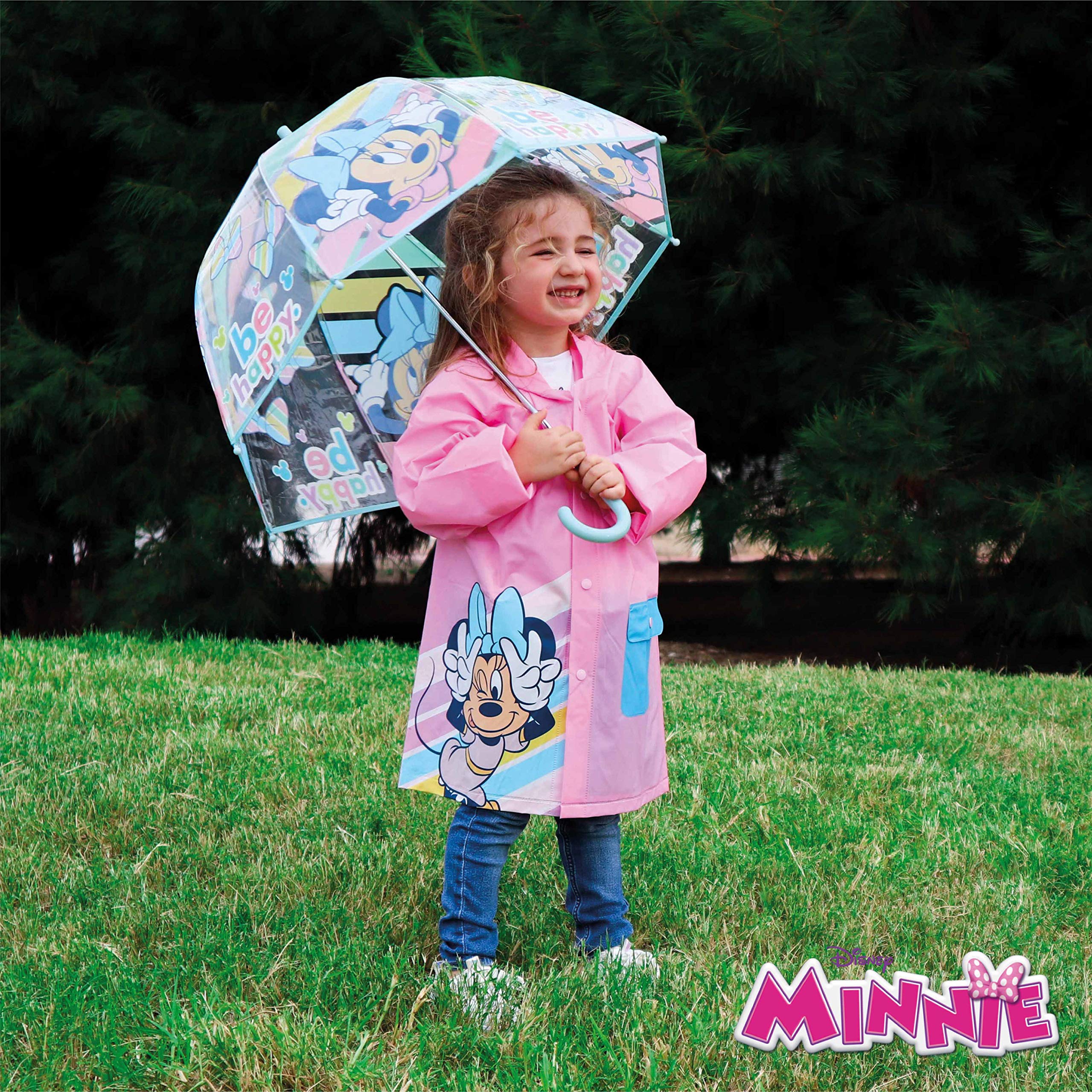 Paraguas Transparente Infantil y Chubasquero Pack Minnie Mouse – Paraguas Burbuja, Niña Impermeable con Capucha | para Vuelta al Cole