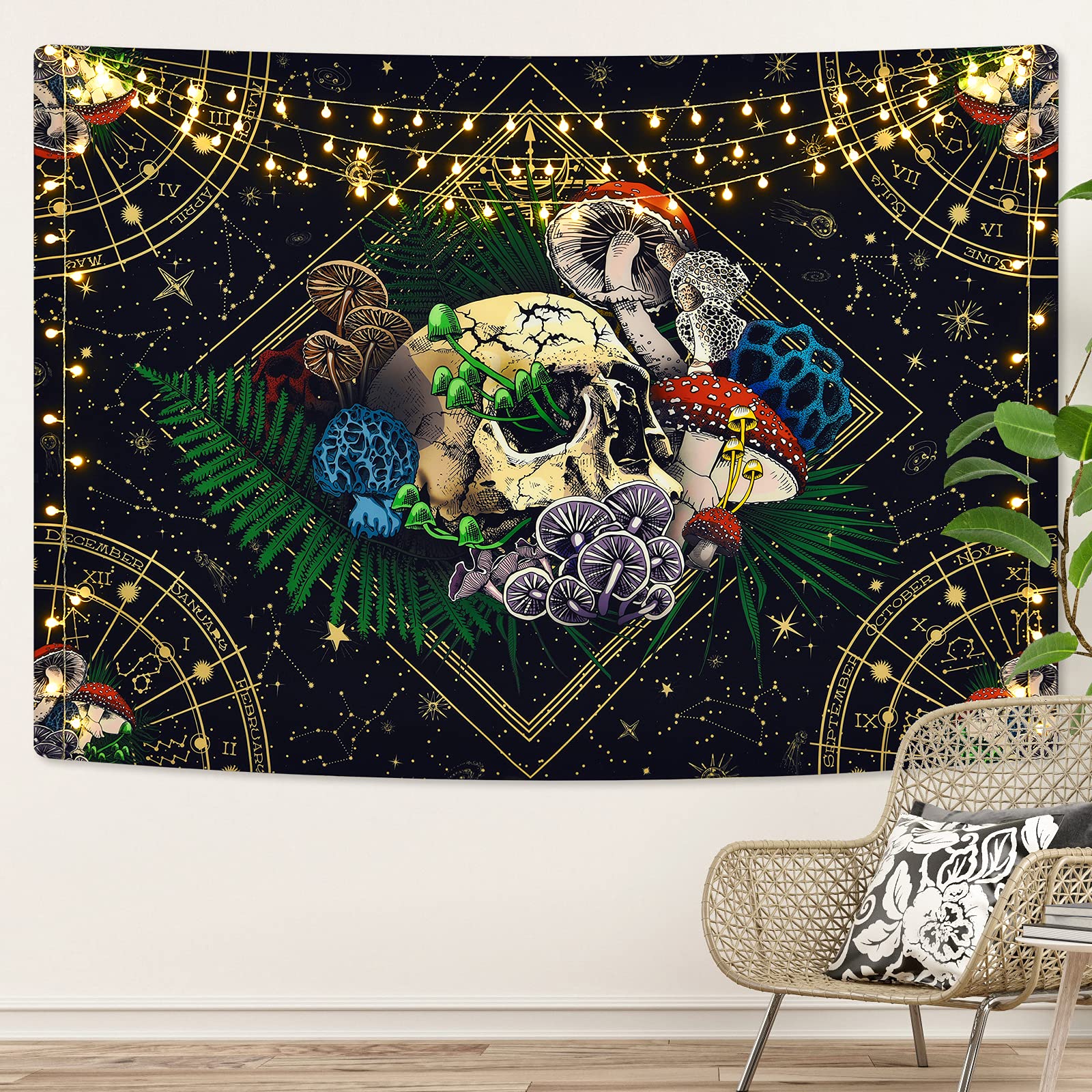 Yrendenge Mystery Tapestry Skull Mushroom Tapestries Black Astrology Wall Hanging for Bedroom Livingroom 83*59 inches（210*150cm）