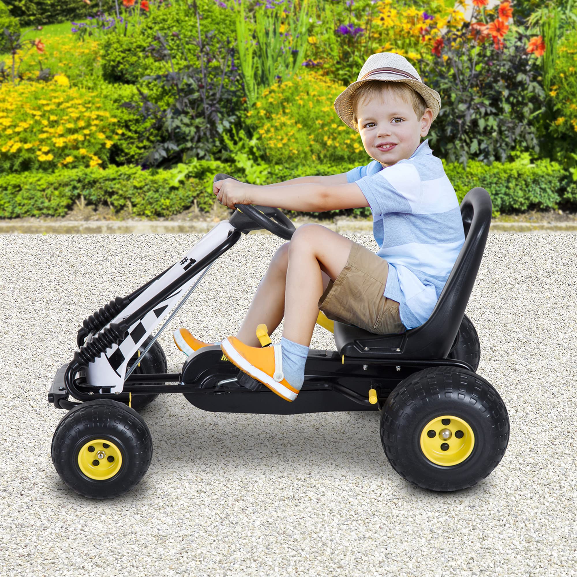 HOMCOM Go-Kart a Pedali per Bambini con Sedile Regolabile, Freno e Frizione, 95x66.5x57cm, Bianco Nero
