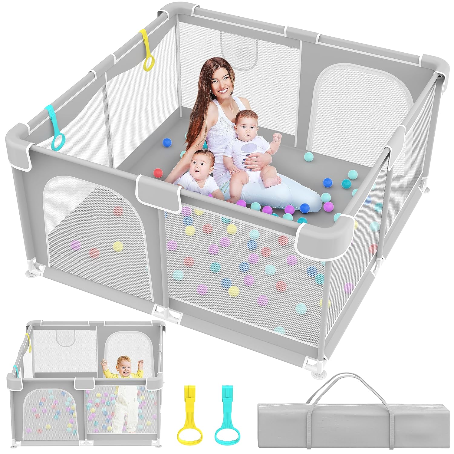 Baby Playpen, 50" X 50" Playpen for Babies and Toddlers, Indoor & Outdoor Kids Activity Center, Baby Play Pen Playard, Sturdy Safety Baby Play Pen with Soft Breathable Mesh White Grey
