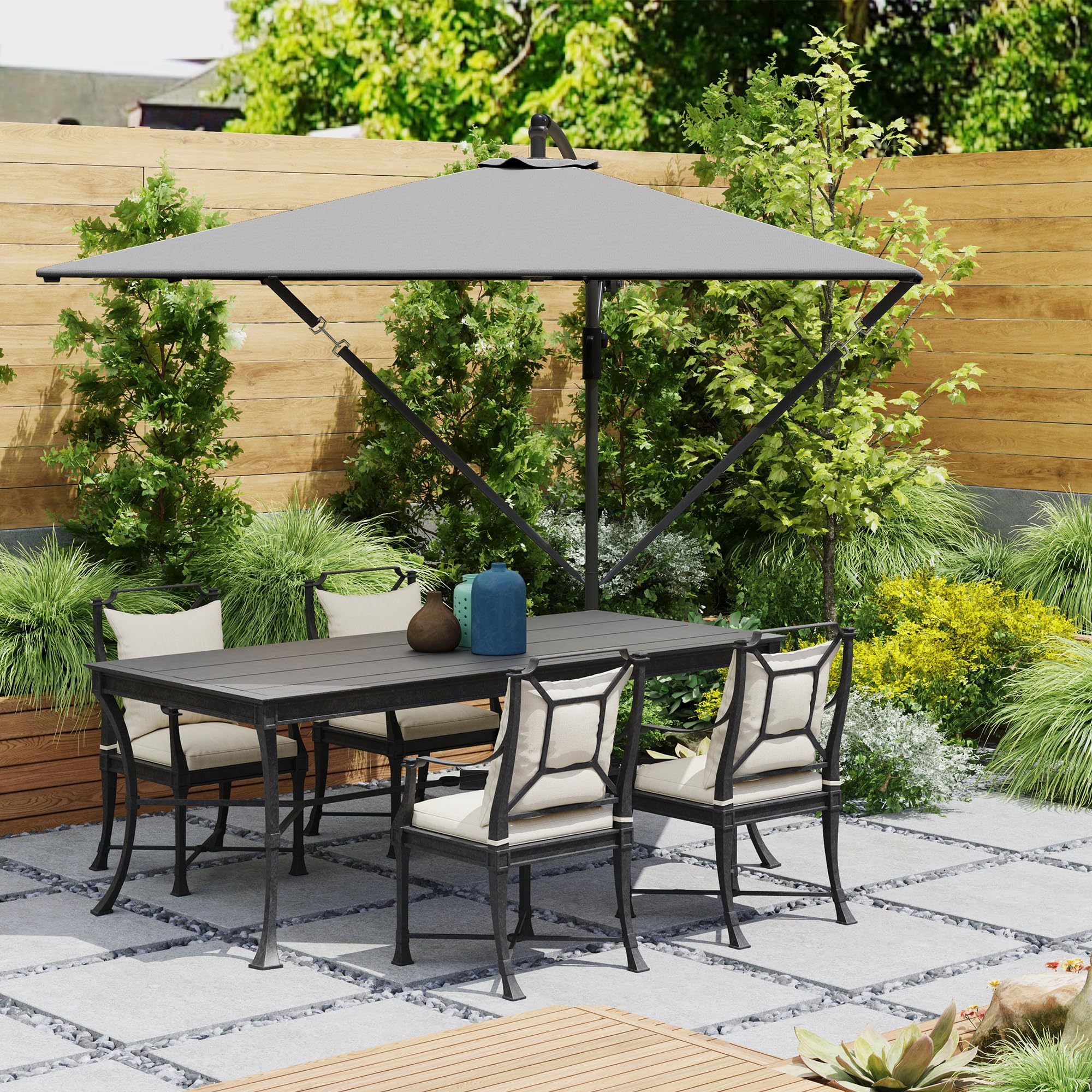 Outsunny Ombrellone Decentrato 2.5x2.5 m con Copertura, Corde Antivento, Base a Croce e Manovella, Ombrellone da Giardino Inclinabile e Girevole a 360° in Metallo e Poliestere 180 g/㎡, UV50+, Grigio