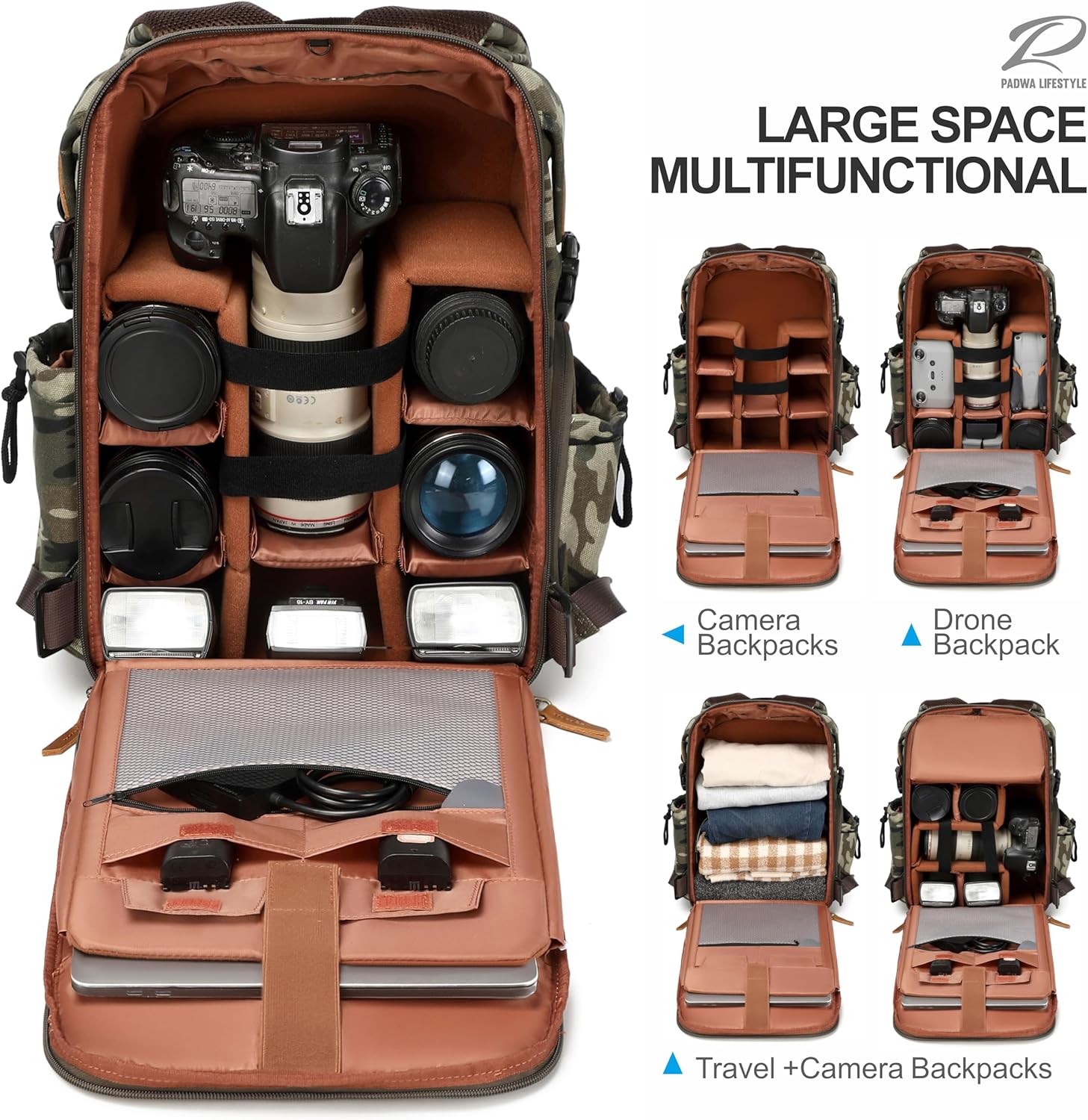 Padwa Lifestyle Camouflage Camera Backpack - Professional DSLR & UAV Camera Bag,Anti Theft Canvas Camera Backpack with Rain Cover,Large Capacity Photography Travel Camera Bag with Multi Compartments 4 91tyVBuhEZL. AC SL1500