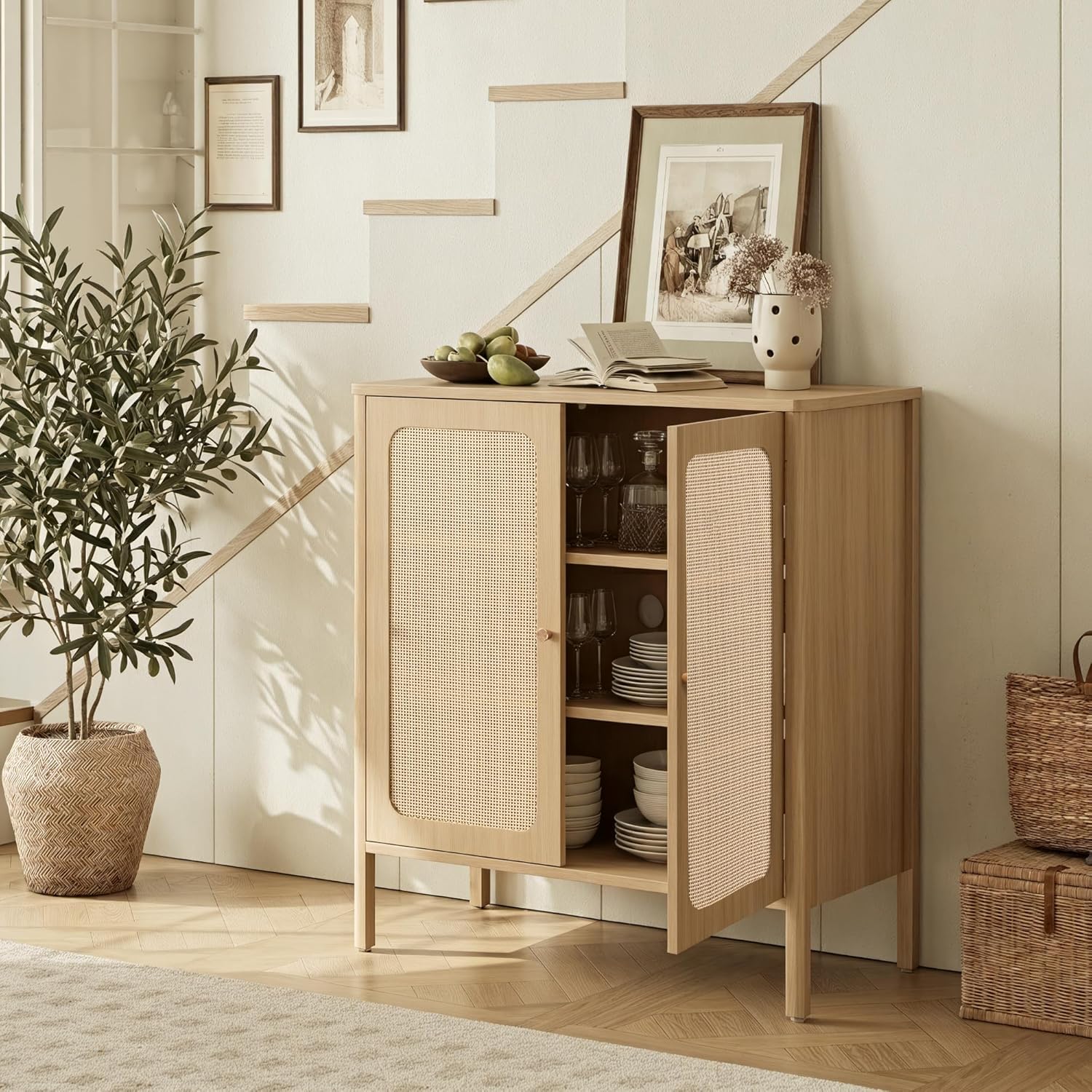 KISLOT 31.5" Rattan Buffet Cabinet with Storage, Sideboard with Adjustable Shelf, Accent Kitchen Floor Storage Cabinet with 2 Doors, Coffee Bar for Living Room, Entryway, Natural Oak(1 Box)