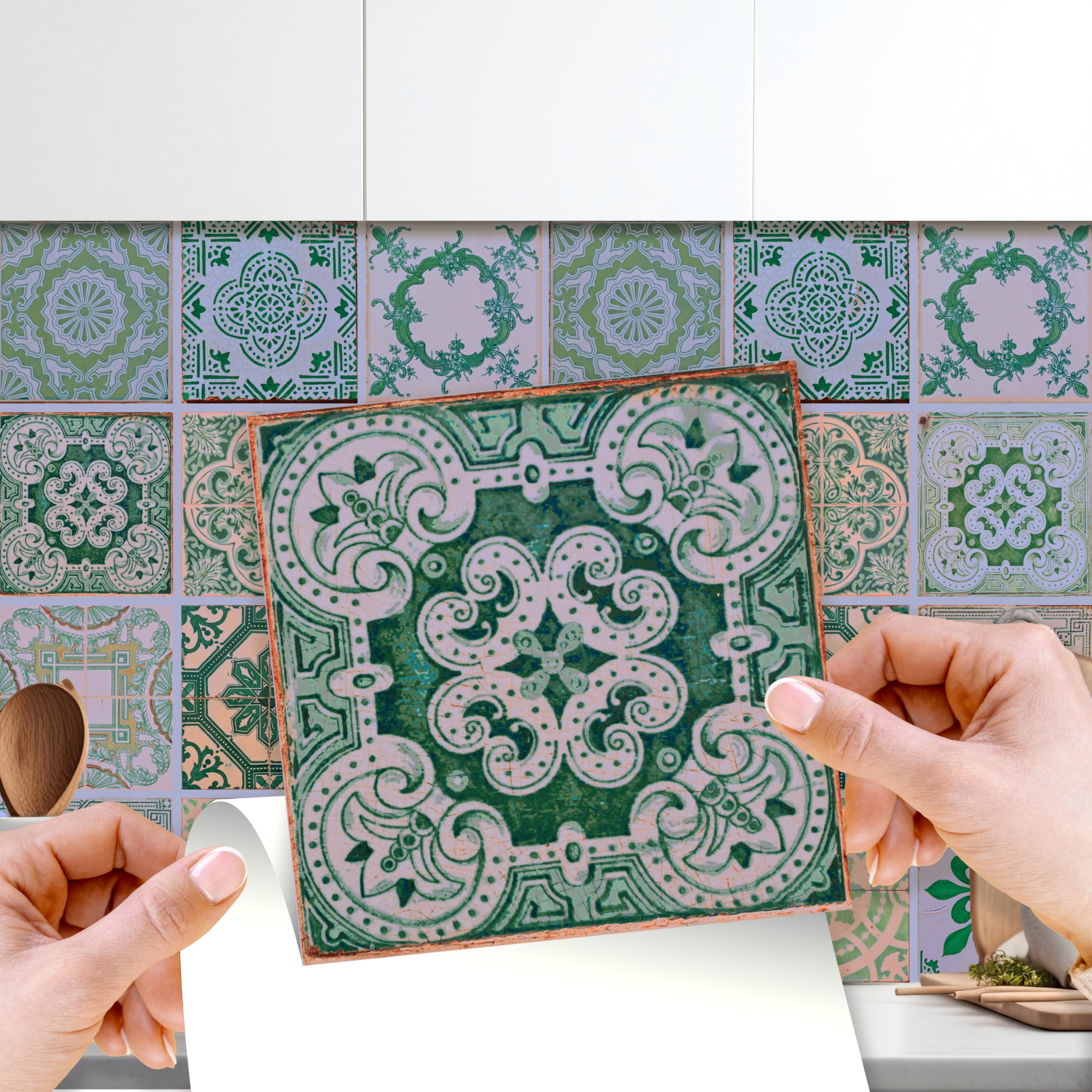 WALPLUS 15cm(6") 24 pcs Tile Stickers Vintage Green Antique AzulejoPeel and Stick Backsplash Self- Adhesive Decal Vinyl Home Decors DIY Splashback Spring Easter Decoration Tile Paint Stick on Tiles