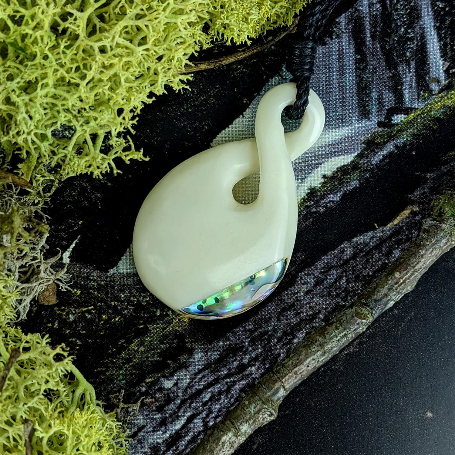 81stgeneration Hand-Carved Bone Single Twist Pikorua Pendant with Paua Shell - Men's Surfer Accessories - Handmade Tribal Cord Necklace - Maori-Style Natural Bone Jewelry - Ocean Gift for Women