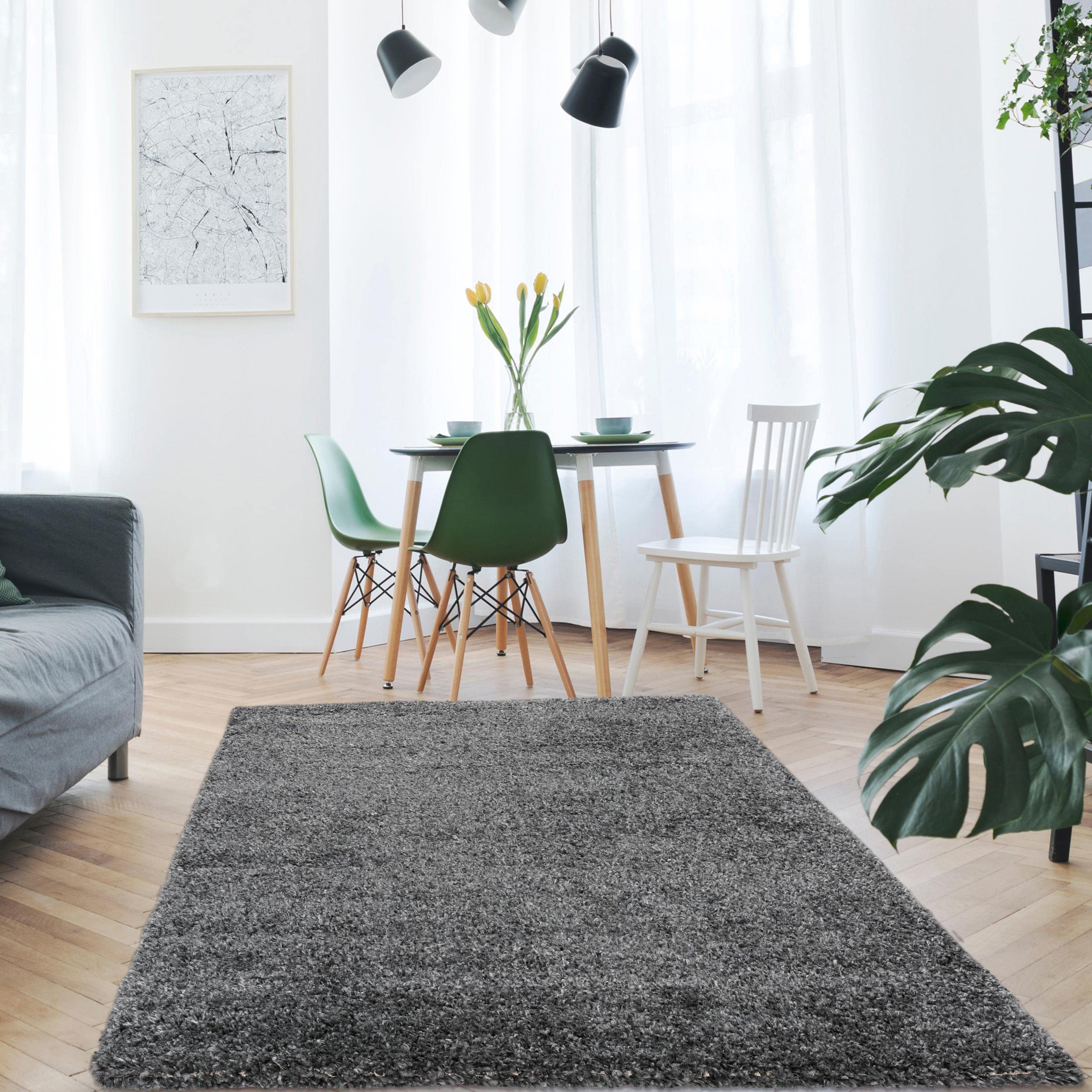 Mynes Home Shaggy Rug, High Pile Black/Soft Modern Pastel Plain Design, Soft Touch, Living Room, Bedroom, 120 x 170 cm
