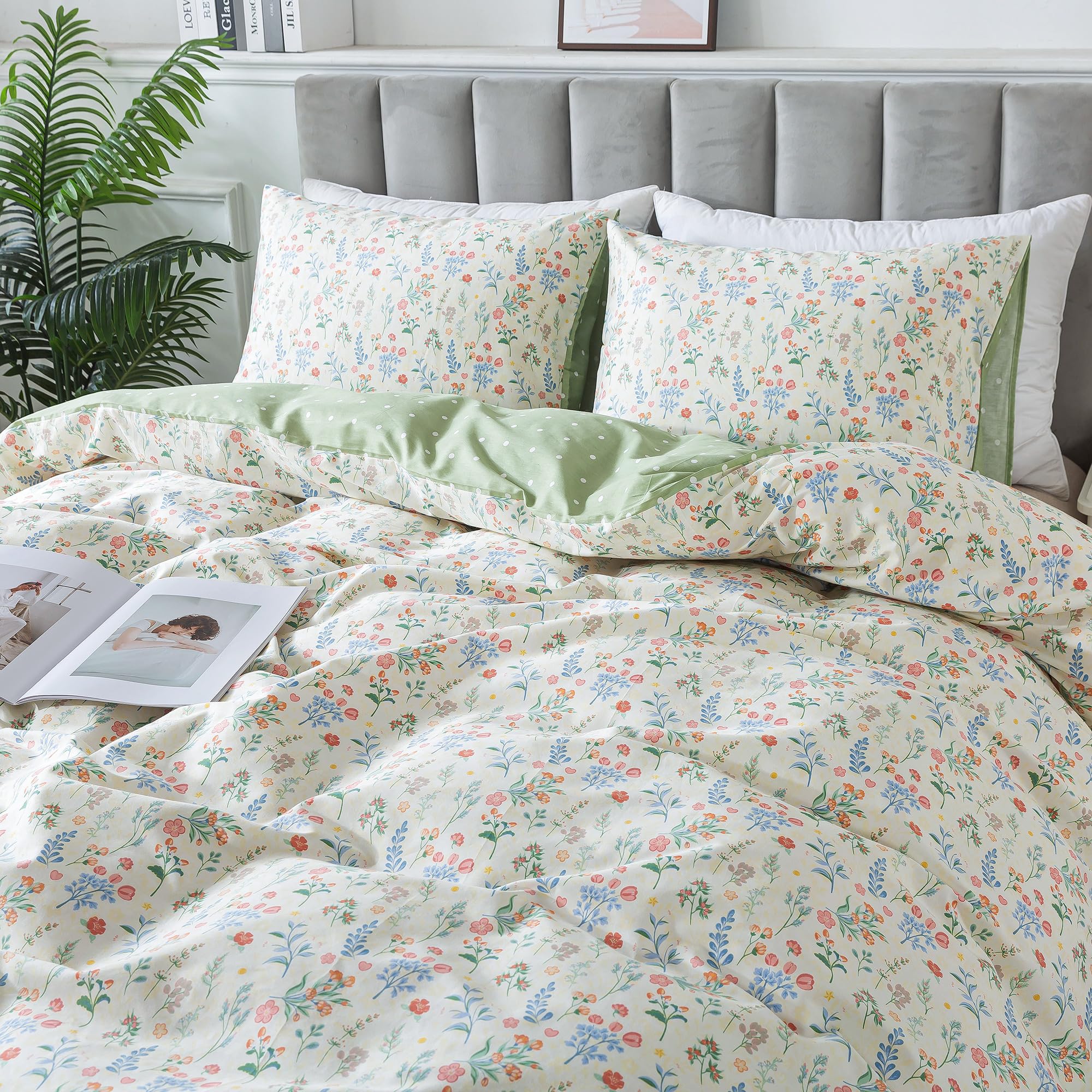 HoneiLife Duvet Dover Queen Size - 100% Cotton Bedlinen Set, Floral Comforter Cover with Zipper Closure & Corner Ties, 3-PC Wildflower Comforter Cover Sets