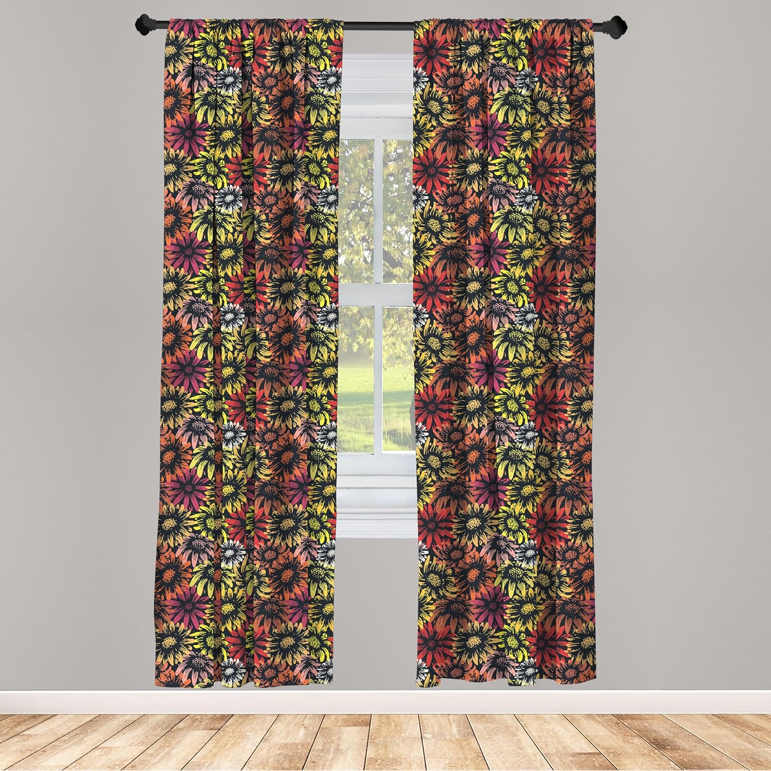 Ambesonne Floral Curtains, Vintage Daisy and Sunflowers Retro Grunge Vibrant Pattern Print, Window Treatments 2 Panel Set for Living Room Bedroom, Pair of - 28" x 95", Red Yellow